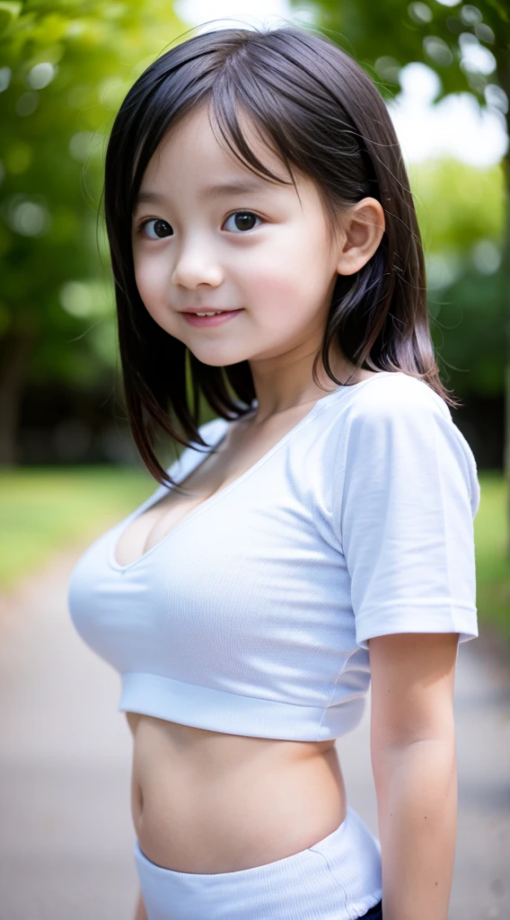(masterpiece, highest quality:1.4), Award-winning portraits, 8k, 85mm, alone, Beautiful Face, Delicate girl,  (On the grass), Sophisticated, cute, 15 years old, RAW Photos, Confused, High resolution, Sharp focus, Background blur、(((Flat boobs 、thin and delicate body、Childish atmosphere)))、shiny semi-long hair、Small mole on the left cheek、 Dark brown eyes、Hair swaying in the wind、sexy、Flexible legs、Simple gym clothes without text、Run、Jump