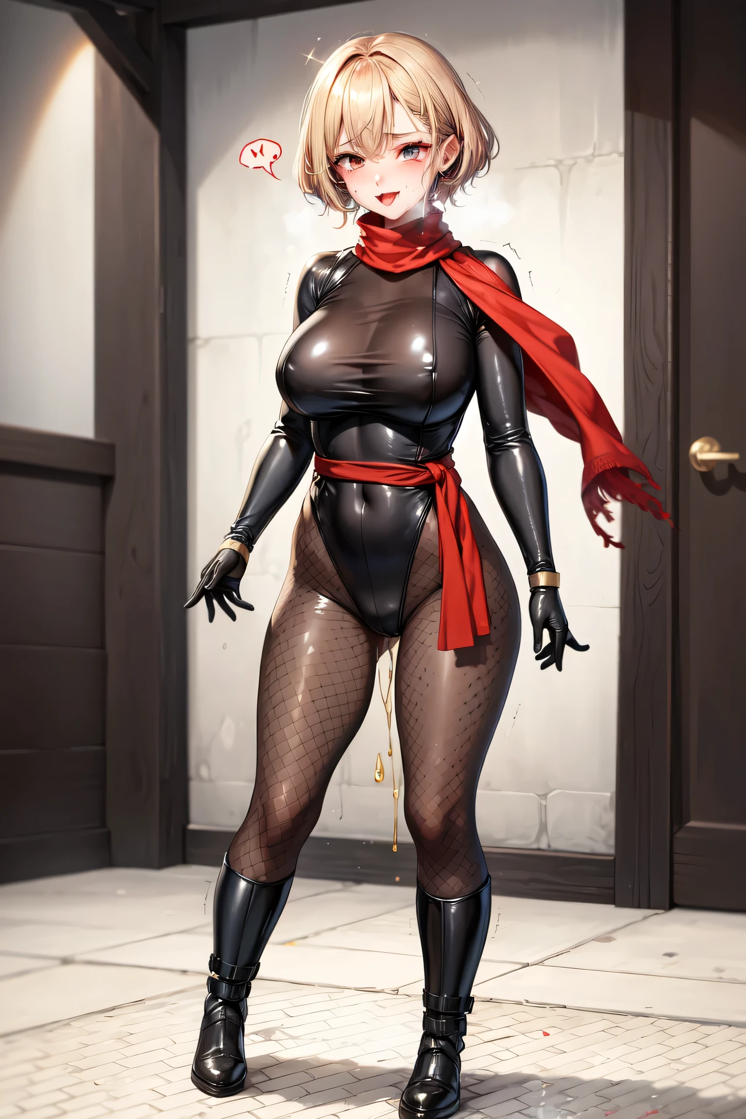 en, (bound with an excessive amount of ropes), (bound wirsts), (arms behind back), (tapegag, tape gag), dramatic, (looking at viewer), (detailed pupils:1.3),pencil skirt,big breast ,perfect famale body,The character has red hair styled in soft waves and is wearing a black beret. She is dressed in a fashionable outfit that includes a brown blazer over a black top, paired with a black long pencil skirt,long skirt ,that has a small slit. She accessorizes with a large, ornate scarf featuring a black and white swirl pattern, draped elegantly over her shoulder. The character also wears black high-heeled shoes with ankle straps. Her pose is confident, with one hand on her hip and the other raised slightly, giving her a poised and self-assured demeanor.