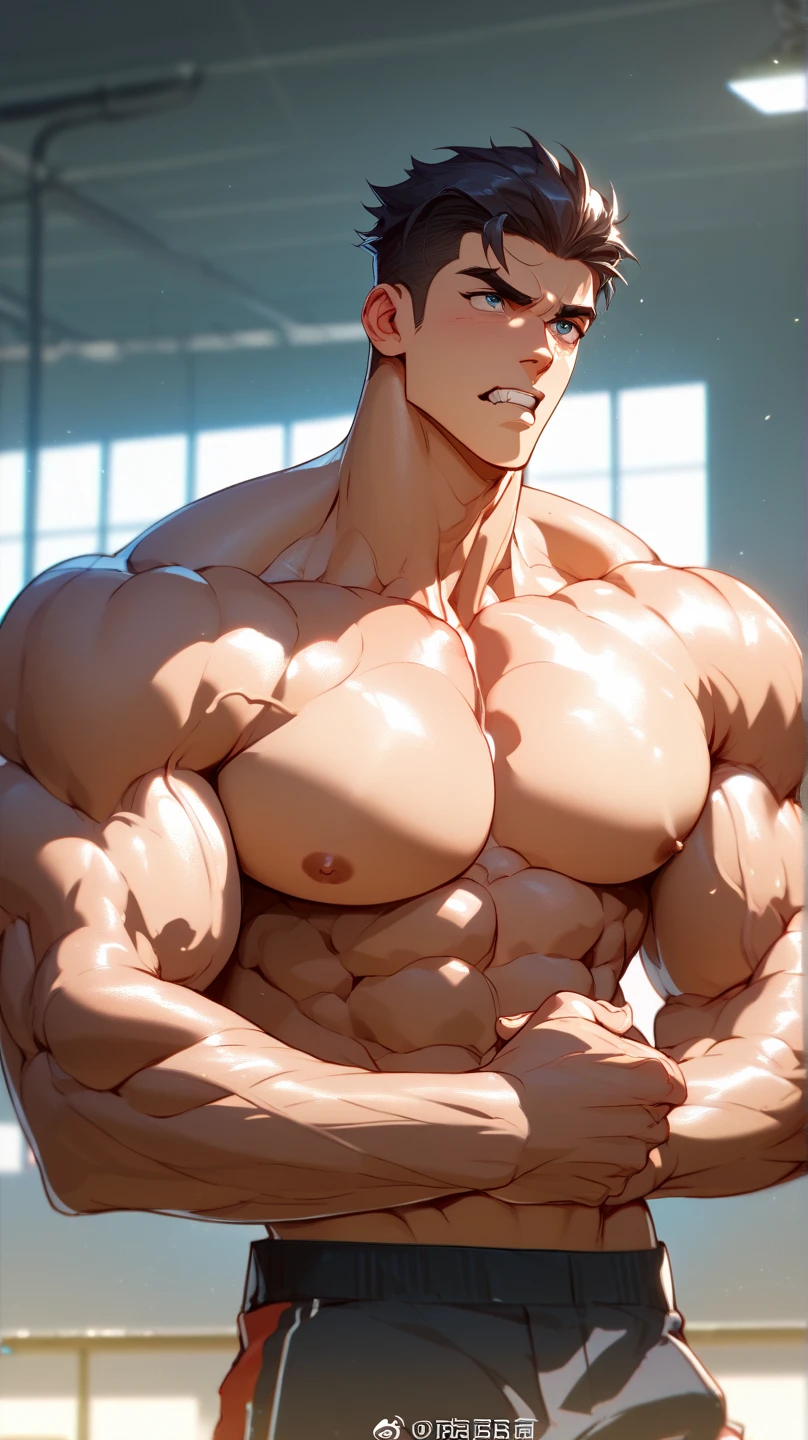 masterpiece, top quality, naked cute teen boy with huge muscles, very tall boy, small room, big boy has huge pectoral muscles, big boy presses his huge pectoral muscles against the glass, big boy's huge and heavy body leans against the glass, very heavy weight, muscular male, pectoral muscles, big nipples, cute, male, abs, NSFW, sexually suggestive, anime muscles, bulging, pectoral muscles, bangs, yaoi, sweating, blushing, {{detailed face}}, {{high quality}}, {{detailed eyes}}, shirtless, full body,
