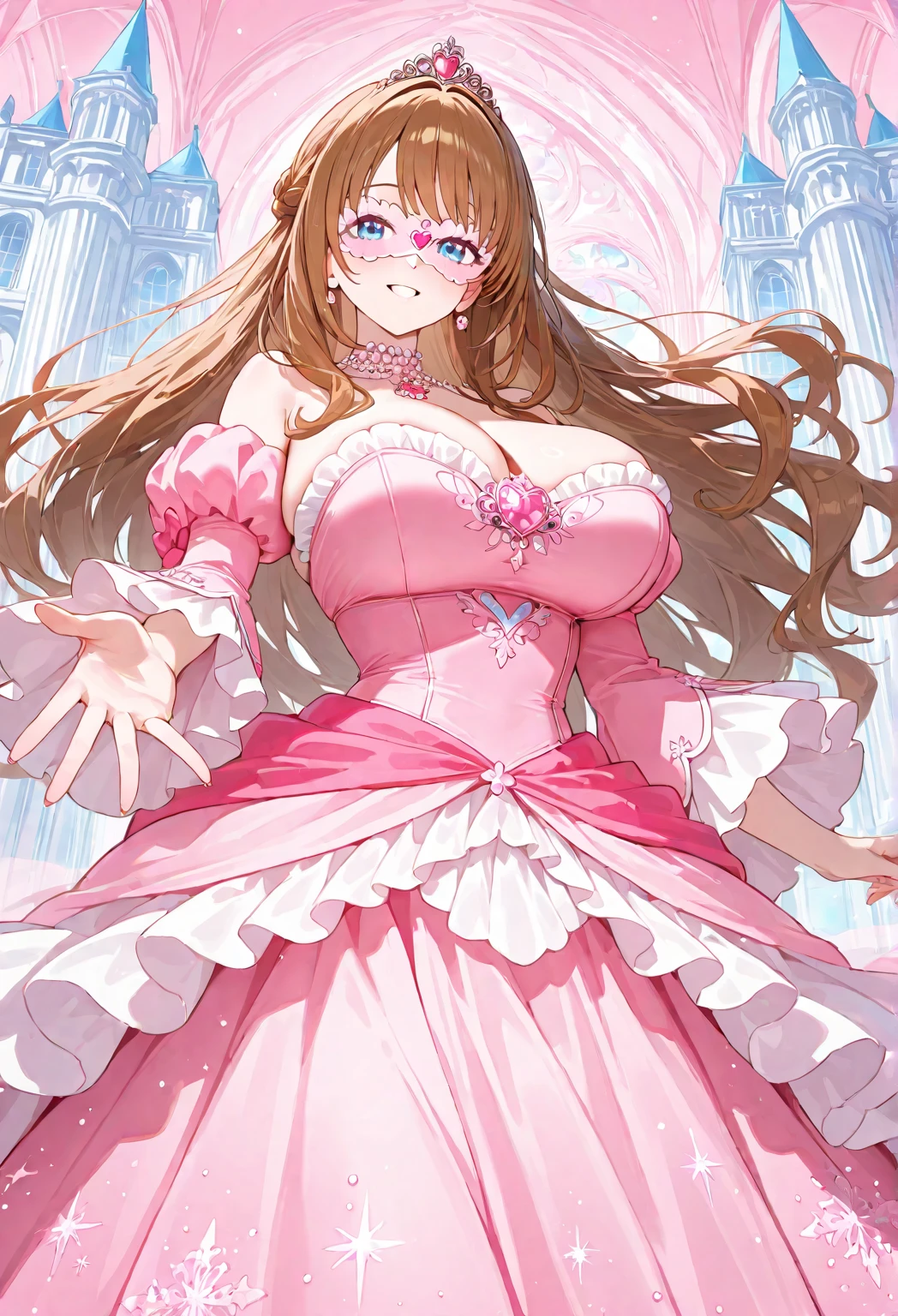 (shoujo-style:1.2),((anime artstyle)),(Masterpiece),(Best Quality), (Super Detail),(((Very Delicate and Beautiful))),Solo,full body,((full body portrait)),((1 bling-bling gorgeous princess in beautiful embroidery and bling-bling jeweled gorgeous rococo ballgown)),((((absurdly gigantic tits)))),(((cleavage,curvy))),Skindentation,detailed face and eyes,jewel-like eyes,((castle,outdoor)),((crinoline,long train)),gorgeous princess rococo ballgown with voluminous full length hoop skirt and long train,(((bling-bling gorgeous rococo ballgown with beautiful embroidery and bling-bling jeweled))),((large amount of straight hair, absurdly long hair,Very Long Straight Hair)),extremely gorgeousfull hair ornament,(bling-bling extremely gorgeousfull jeweled tiara),luxurious jewelry,full body,((bling-bling beautiful embroidery and bling-bling jeweled gorgeous rococo ballgown))