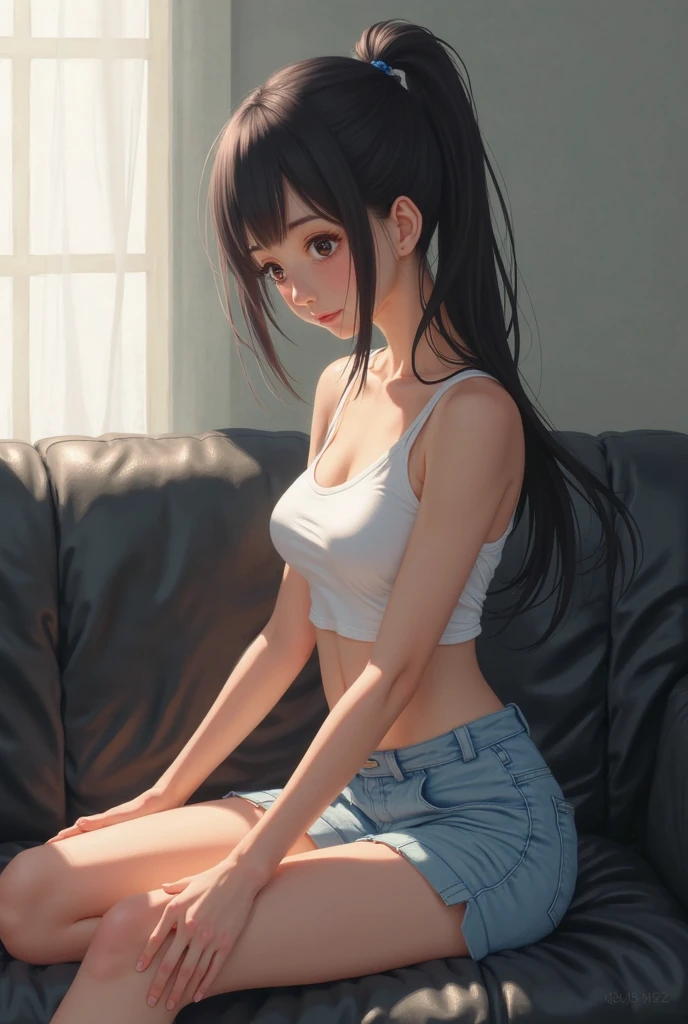 Illustrate a beautiful 20-year-old anime girl with tan skin and long, flowing hair. She has bright, captivating eyes and is dressed in a cute tank top that shows her midriff, big breasts, lush breasts, voluminous breasts, elastic breasts, on the bed, legs apart paired with sleep shorts. She is seated in a modern gaming chair in a dimly lit room with an open window, letting a gentle night breeze in. The wolf girl is posing playfully, with a big, happy smile and a touch of sexiness. Her room is adorned with modern nerdy items that reflect her passion for video games and anime, including a high-end gaming PC, sleek gaming desk, ergonomic gaming chair, the latest gaming console, and stylish anime posters and figurines. The image should showcase high-quality visual artistry, with intricate details, creating a cozy and inviting atmosphere.