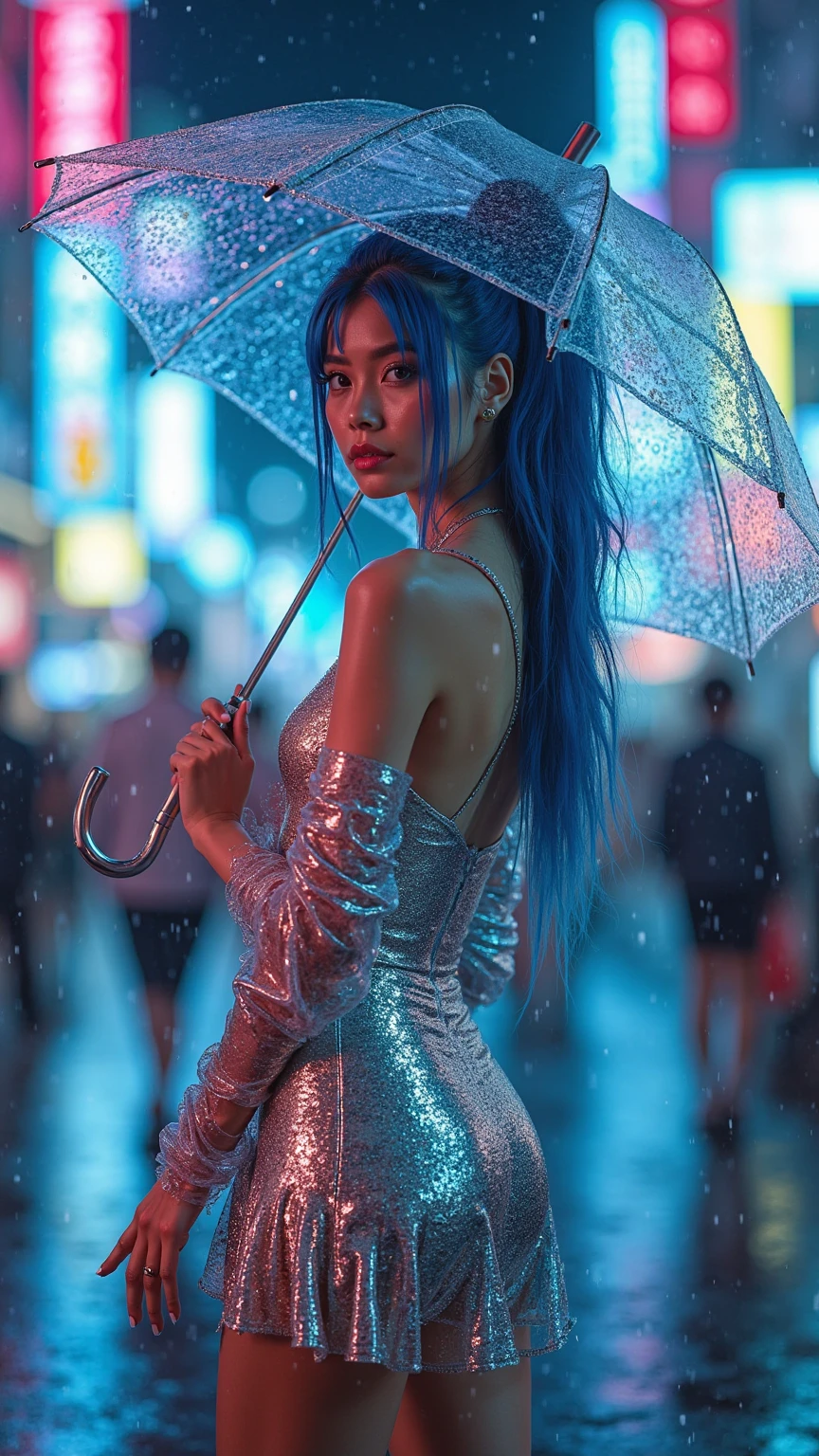 No extra arms:2、No extra steps:2、Looking down at the viewer, ((solo 1 girl))、{full length|Full Height|On all fours|Facing forward}、Spread your thighs wide、{Cowboy Shot:1.5|Drone View|Overhead Shot|Low - Angle:1.5}、(Wet porcelain skin、Wet Skinny Bodysuit)、Wet Face、{Wet Hair|Floated hair|Silver Hair|Blonde|Bangs}、Nipples with clear detail、Crotch detail、Thin, sheer underwear、((Color Mesh Hair:1.2))、(Colorful hair:1.3)、(Bright Blue Eyes)、((Very small see-through underwear))、The shape of the genitals is clearly visible、I can see your butt from your thighs:1.3、Nipple Shadow、(masterpiece, 最high quality)、(Photorealistic:1.37)、(8k、RAW Photos)、(Bokeh)、({Childish|Cleavage})、((((細部までBeautiful Face))))、NSFWSTILLSHOW、Dark Background、neon、Did G、High collar、elbow_gloves、Girl on the street, night, It rains, Cyberpunk City Background, Rainy Street, Cinematic, Underbust, Exposing the stomach and thighs, Beautiful Face, Beautiful Lips, Woman with beautiful body shape, high quality, Insane Details, Professional Lighting, 8k wallpaper、Erect nipples、Back alleys without people、Nipples with clear detail、