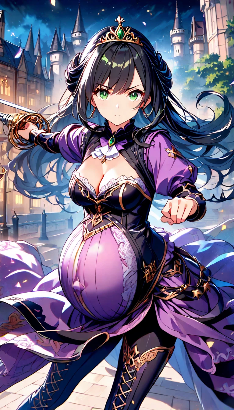 pregnant wiz,konosuba character,beautiful detailed eyes,beautiful detailed lips,extremely detailed eyes and face,longeyelashes,(best quality,4k,8k,highres,masterpiece:1.2),ultra-detailed,(realistic,photorealistic,photo-realistic:1.37),anime,portrait,glowing purple eyes,dark hair,lovely facial expression,expecting ,round baby bump,magical atmosphere,purple robe with golden accents,wizard hat,enchanting background,mystical lighting,fantasy theme