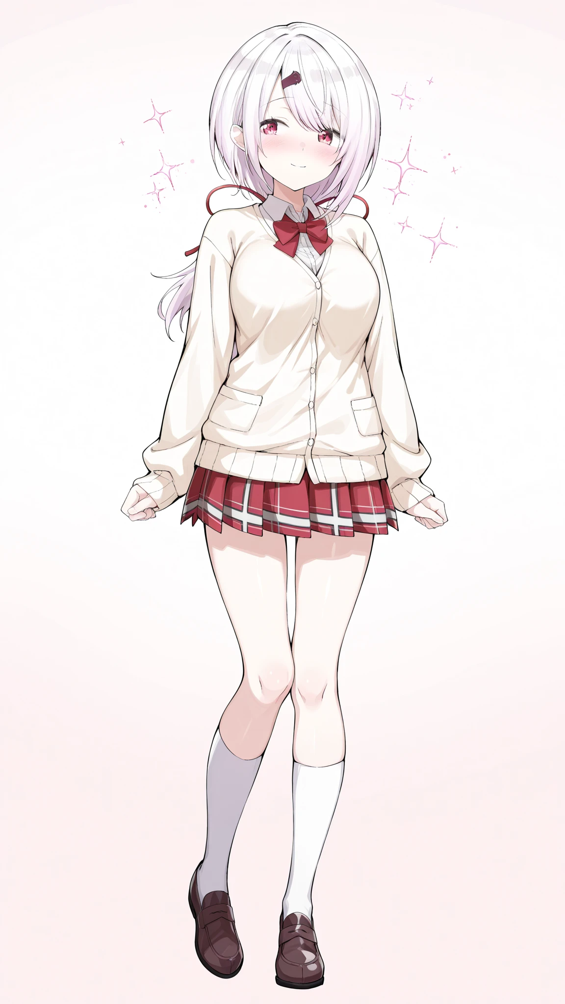 Realistic, 1 girl, 6 years old, proportional body, adorable face, baby face, detailed face, detailed eyes, cute pose, standing, kindergarten uniform, mini skirt, knee high white socks, sneakers, classroom, hyper detailed, best Quality, 4k , UHD, Big Breasts