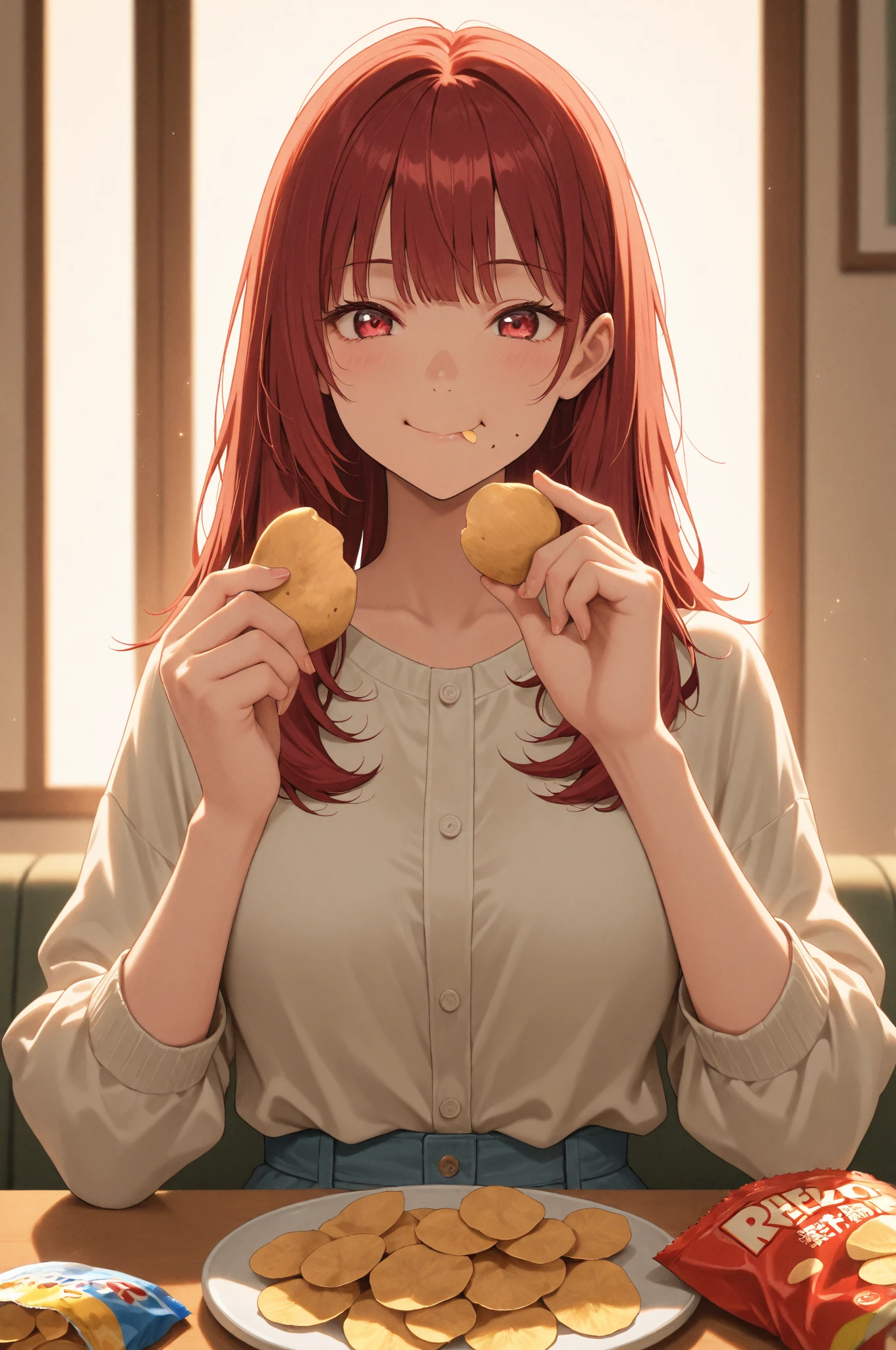 1girl, anime screencap, asymmetrical bangs, bangs, blue neckwear, breasts, eating, food, hair ornament, highres, holding, holding_food, large breasts, looking down, mieruko-chan, necktie, orange_hair, purple eyes, school uniform, screencap, shirt, stitched, white_shirt, yurikawa hana