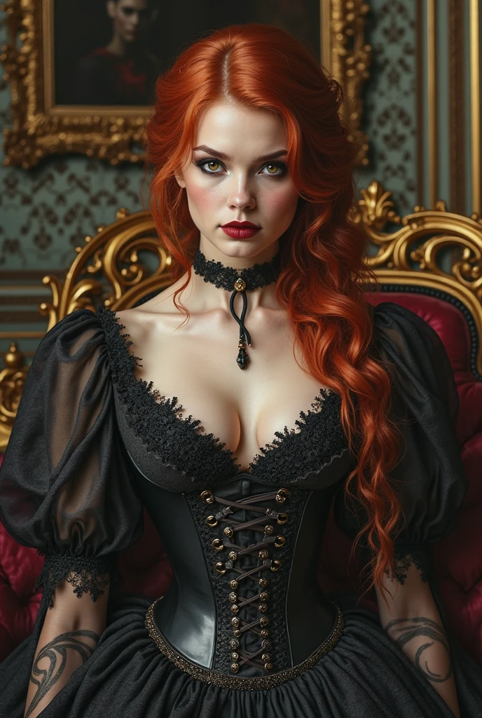 ultra realistic, photography, long red hair, girl, 24 years old, hourglass figure, perfect body, natural medium breasts, Flirty look, extremely detailed artgerm, in the style artgerm, facing the camera, lens 35 mm, blur background, masterpiece, super detailed, detailed face, beautiful eyes, detailed eyeshadow, lip details, red lipstick, full body, wavy hair, Wearing a black sheath dress, turtleneck, revealing legs, sexy legs, great cleavage, she is wearing black elegant high heels, she is a femme fatale, sitting on a chair, her legs crossed, full body shot, wide angle, zoomed out,