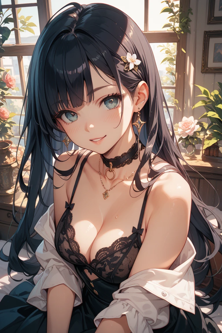 ((masterpiece, best quality, highres, UHD, perfect pixel)), Sakurajima mai, long hair, bangs, black hair, ((blue eyes:1.2, beautiful eyes, detailed eyes, extremely detailed eyes)), ((smooth texture:0.8, realistic texture:0.8)), medium breasts, indoor, bedroom, dynamic pose, busty, perfect body, ((upper body, from side)), blushing, ((cleavage:1.2)), ((bra, lingerie)), natural light