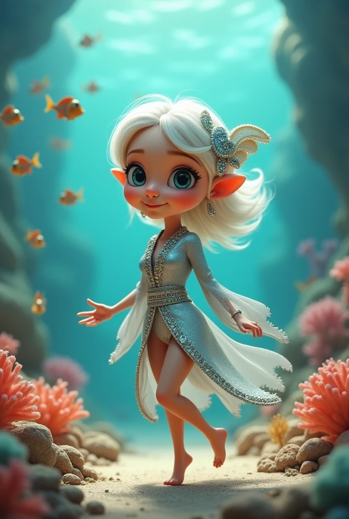 Cartoon girl in a white dress standing on a beach with a swan, 3 d render stylized, arte digital detalhada bonito, Arte infantil em Artstation, stylized as a 3d rendering, painting digital adorable, Deusa do Mar, Deusa do Oceano, Retrato da rainha sereia, stylized digital illustration, 3d rendering stylized, bonito 3 d render