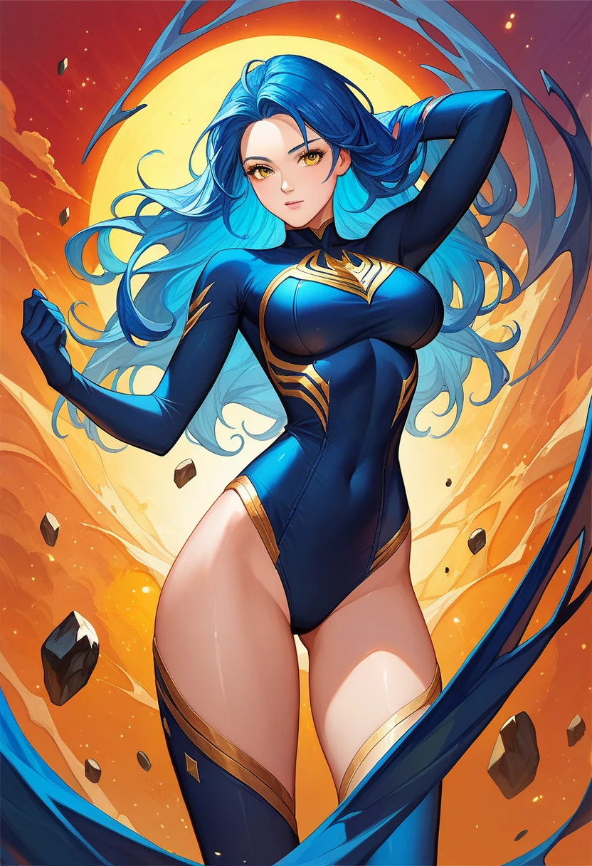 rabbit woman with blue and yellow eyes, in a blue bathing suit, long messy orange hair, hair with rabbit ears same color bunny ears, space dandy, space hero, galactic hero, anime hero female, small smirk, long legs, mid bust, womanly figure. 8k,(RAW photo, best quality), (beautiful composition, coherent:1.3)
beautiful detailed eyes, extremely detailed eyes and face, perfect anatomy,
an extremely delicate and cute cubby face, big round eyes
natural lighting, cinematic,