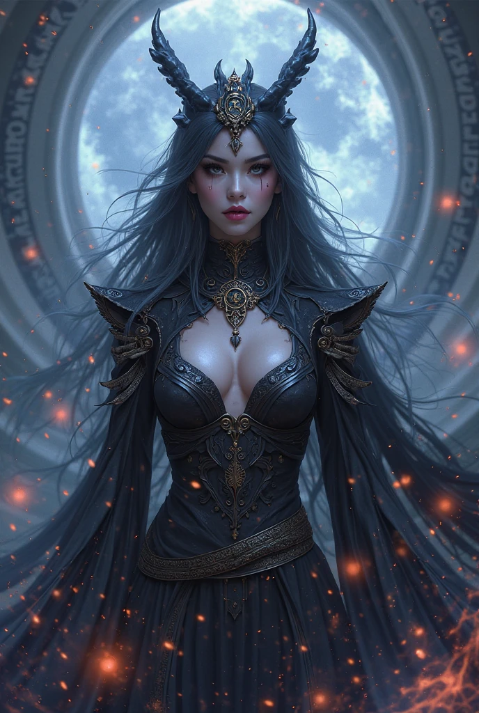 Dreamscape dark and moody portrait of a demon emissary in the midst of a darkly lit volcanic crystal cave where she floats among the magma flows with her mesmerizing visage and her (diaphanous dress billowing:1.4) amongst the smoke filled air. . Surreal, ethereal, dreamy, mysterious, fantasy, highly detailed