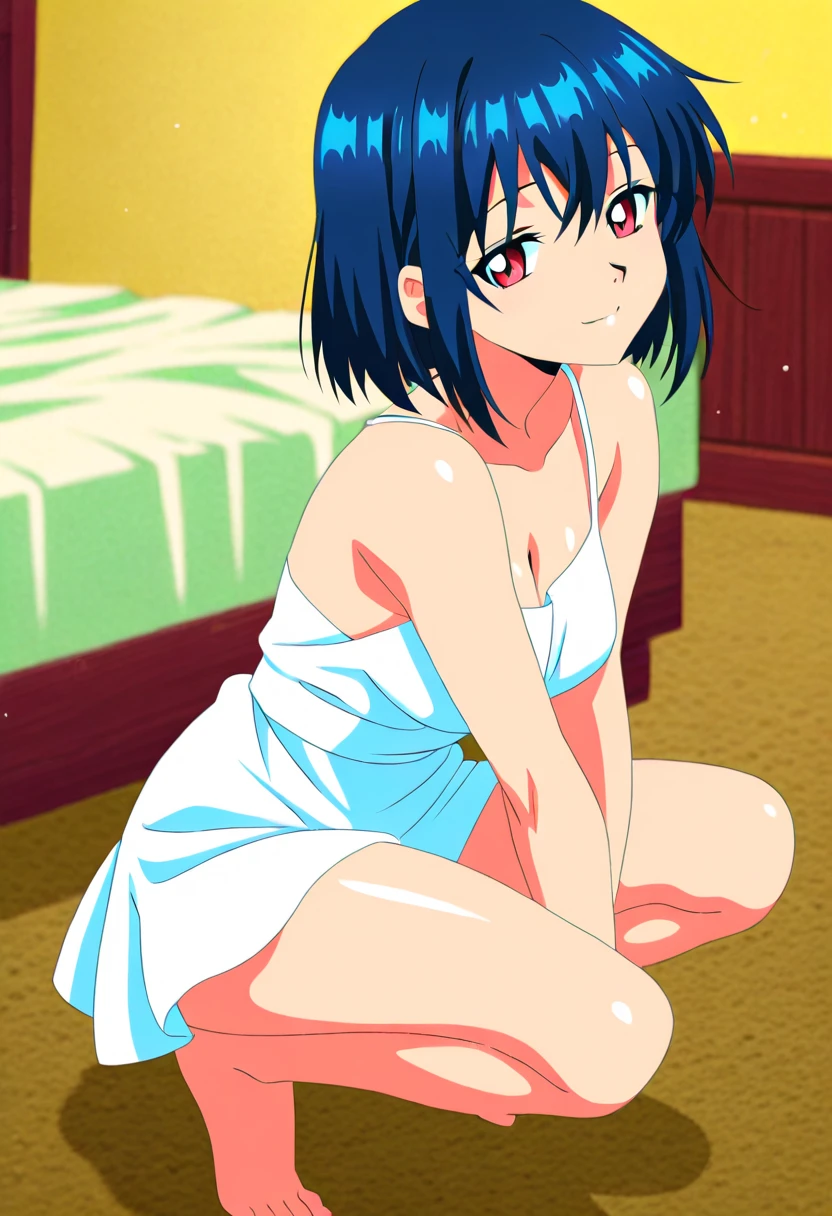 shinkai makoto, kimi no na wa., mature woman, 1girl, black hair, brown eyes, twisted half up, red ribbon, long hair, long sleeve light pink cardigan, medium breasts, bottomless, white panties, sexy pose, arms up, looking at the viewer, indoors, night, bedroom,masterpiece, perfect anatomy, cowboyshot,
