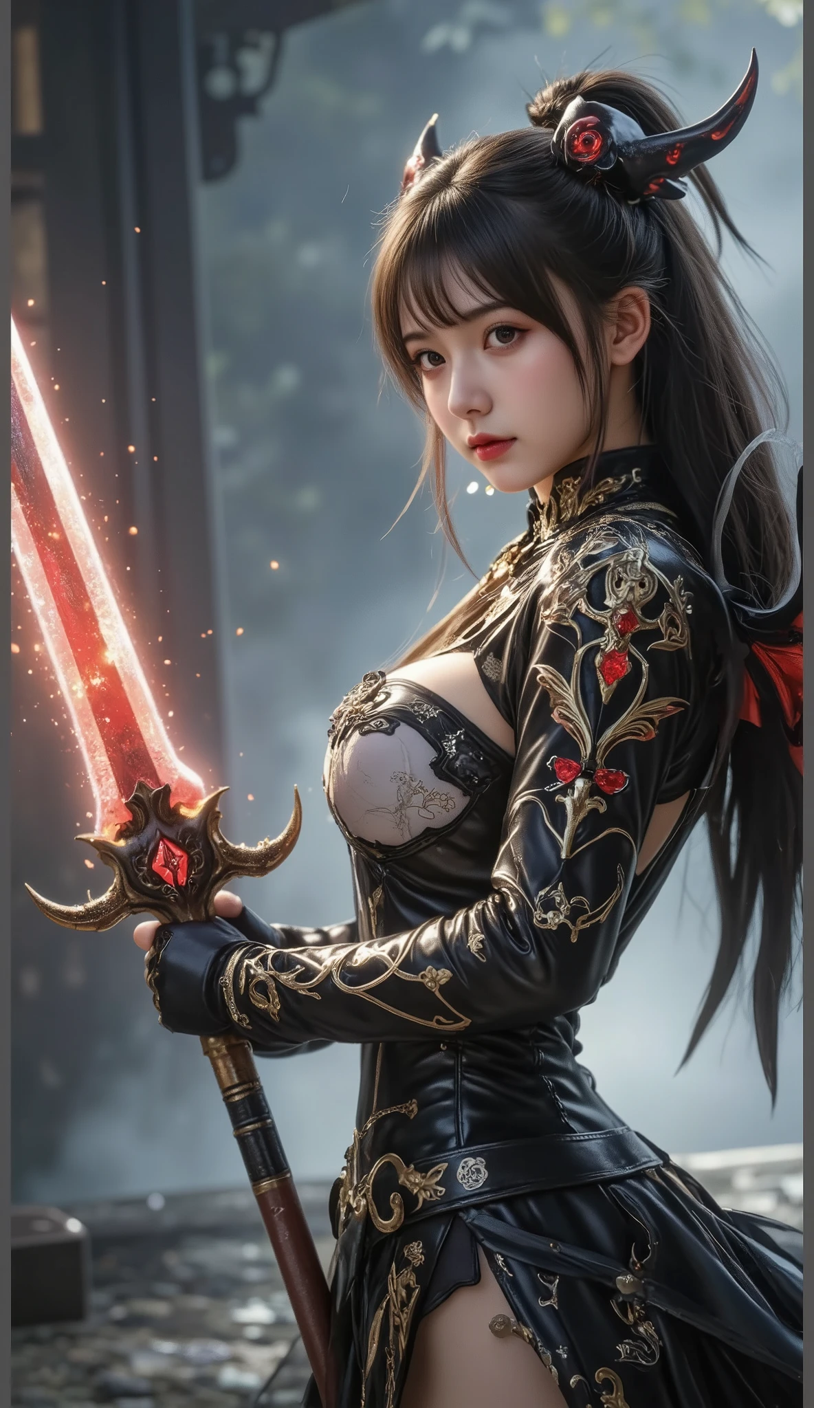 (Walking Stick Handles,4K ,highres,Masterpiece:1.2),ultra-details,(reality,photoreality:1.37),(of the highest quality), (details), layers of light , shiny skin, (intricate details, tight clothes, Devil's Wings, hair accessories:1.2), from above, black hair, black necklace , long hair, hime cut, woman, short bangs, side lock , red eyes, Best Quality,Skinny Braid,holding a sword , (young woman:1.1), Side ponytail (simple background:1.1),