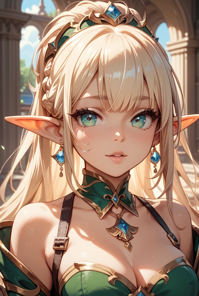(Original Character、Unity 16K Wallpaper, Masterpiece, Best Quality, Ultra-Detailed, Extremely Detailed CG, Caustics, Cinematic Lighting, Detailed, Beautiful Detailed Eyes, solo), Ultra High Resolution, fine skin, (elf, curby), (strong light)、((brighten the subject)),outdoors,cleavage,lying