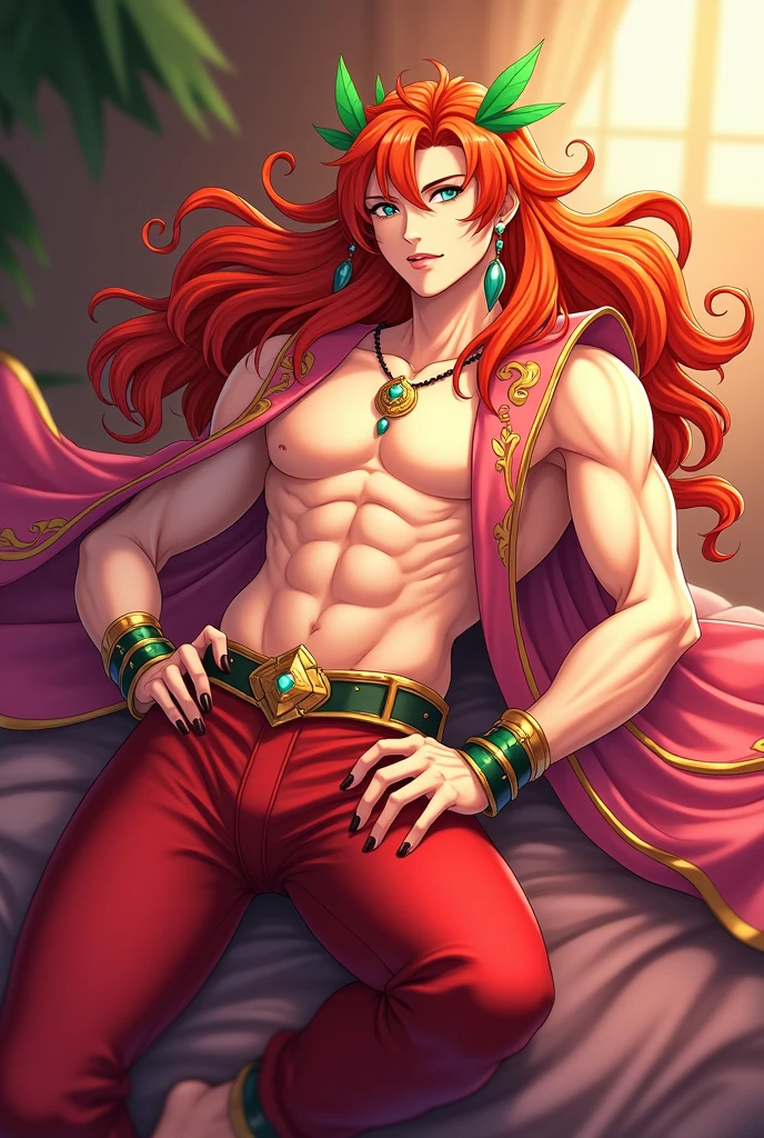 (hyper-realistic digital illustration), (perfect face:1.1), (high detail:1.1) like mage battle, extremely handsome male wearing micro orange thong string, mage long red robes, clean shaved, front view, lying on his back, holding legs raised, athletic body, (white skin), bare chest, flat chest,(long orange hair scruffy ), serene expression, small waist, muscular. best quality, high-resolution