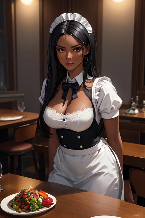 There is a tanned skinned adult woman carrying a plate, in restaurant, short maid dress and apron, heels, black stockings , darker lips,thin lips, kind and soft face,naughty smile,emerald green eyes,Eyeshadows,sexy eyeliner,knee length hair,curved hair, Big breast, thin waist, high quality, highly detailed skin, front view