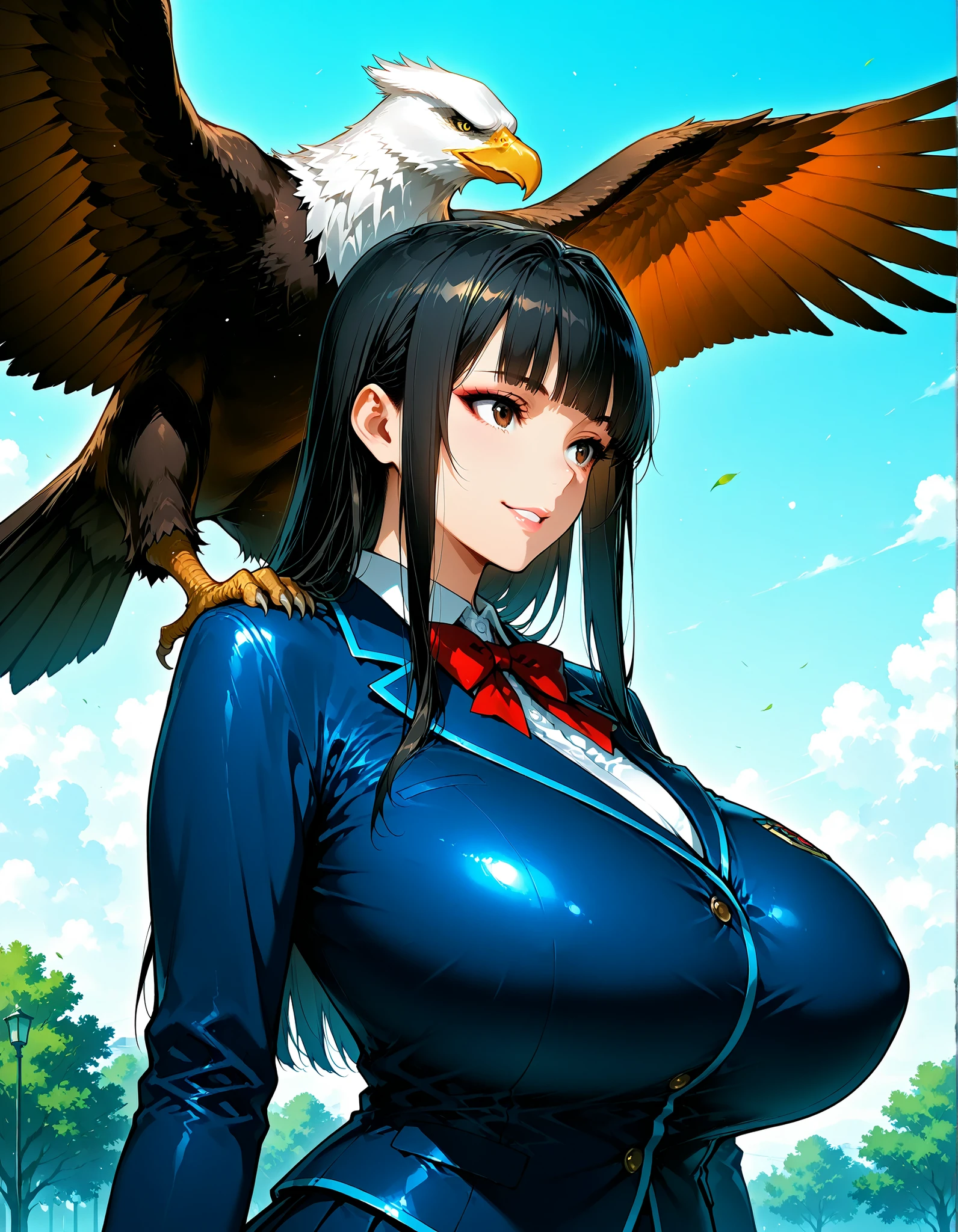(masterpiece, Hi-Res, very high resolution, 8k, Super Detailed, Highest Quality, realistic), One Japanese woman, 10th Generation, (dark hair long, straight hair, blunt bangs), beautiful character design, perfect contrast, anatomically accurate, perfect face, beautiful delicate eyes, expressive eyes, brown eyes, Look away, Watch the hawk, Smile, (school uniform, dark blue jacket, pleated skirt, thick leather gloves on the right arm), (huge breasts, saggy huge breasts:1.1), Thin waist, (Bald Eagle, Spread Your Wings Wide, Stay on your right arm), at the park, (upper body), (Bald Eagleを画像の真ん中へ:1.2)