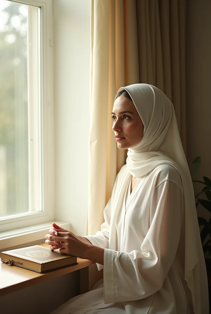 (photorealism:1.2), beautiful women, sitting on Chair, wearing Hijab, indoors, soft lighting, plants in background, window with sunlight, cozy room, relaxed pose, realistic, intricate details, warm colors, by Greg Rutkowski, by Alphonse Mucha very heavy wind around
