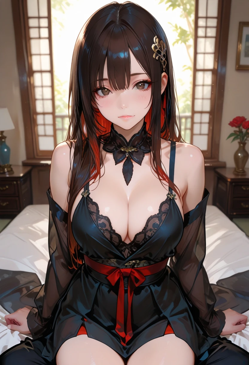 best quality ,masterpiece, illustration, extremely delicate and beautiful, extremely detailed ,CG ,unity ,8k wallpaper, Amazing, finely detail, official art,absurdres, incredibly absurdres, huge filesize , ultra-detailed, highres,realistic,photorealistic,lingerie, (1girl:1.2), Black long hair, forehead, silky long hair, red bows on hair, red eyes, plump lips, red lipstick, huge breasts, wide hips, black sleeveless dress, short tight dress, dress hugging her curves, slit, cleavage, wide hips, bedroom, goth girl aesthetic, (hand to mouth) looking at viewer