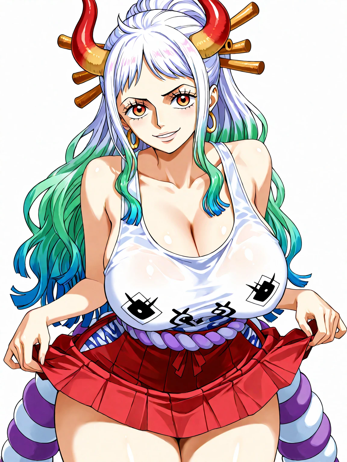 1 chica,big lips, white with bluish tips hair, pink eyes, cara japonesa, improve, improve grin, two sides up, huge breasts, Wide hips, sexy, detailed,  background of a beach, Hits, mischievous smile, kawaii, bikini red, Lewd, GOOD,bikini red costume,  bikini red,  choker, bikini red, bikini red,navel piercing,ropa interior red,huge breasts,(((yamato one piece characteristics))),(cuerpo completo),(yamato one piece), (yamato character)