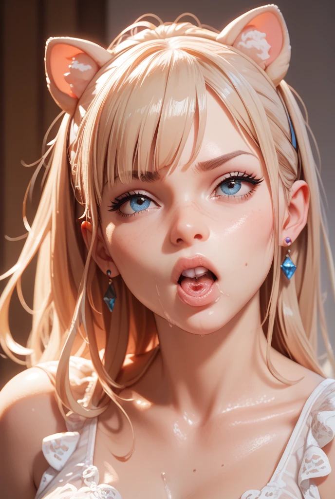 1 girl, Princess peach, blonde hair, long hair, blue eyes, soft, soft light, delicate, frills, dripping cum, (exposed breasts, nipples), frilly, bows in hair, filigree, choker with bow, ruffles, (close up on face, looking up at viewer, facial, open mouth, tongue out), pink