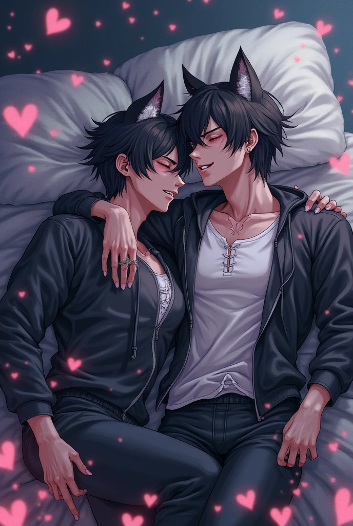 2boy、Toned、sharp big wolf ears、Wolf tail、black messy hair、wide and very bright black eyes、hard disk、masterpiece、with a vibrant、Slim Dark Crop Top Hoodie、full-body view、Trendy hair、the kiss、a bed