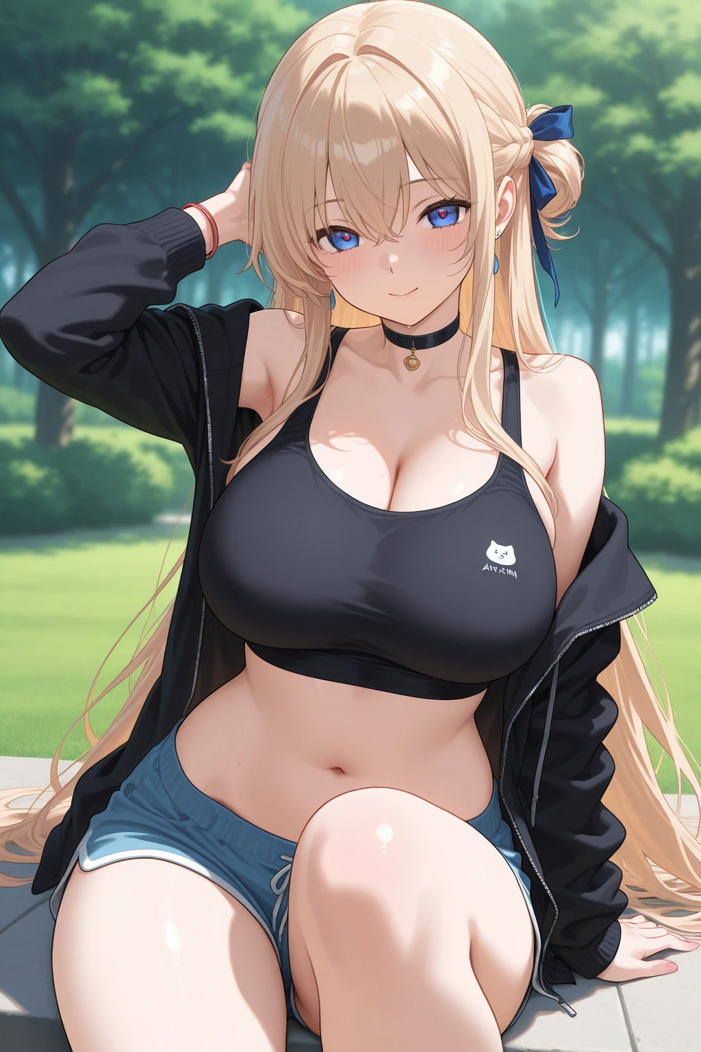 (masterpiece,highest quality, detailed), One girl, alone, Park bench,Clear skies, black tights,bikini, Sweat, Ahegao, Roll your eyes, blush, naked、Blonde,Messy wavy long hair,Big Breasts