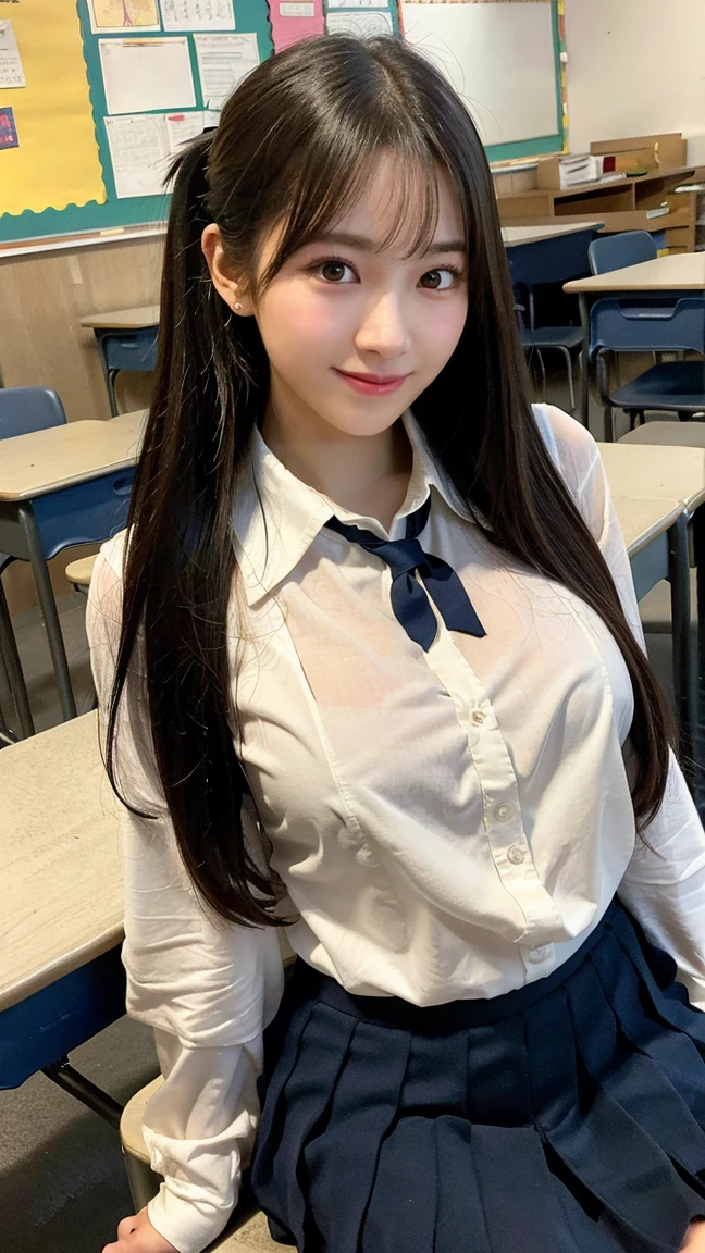 Highest quality, masterpiece,8k, Ultra-high resolution, (Smile),(Realistic: 1.4), RAW Photos, Dynamic Pose,Black Hair,((uniform)),Young,1 girl, Glowing Skin, classroom, Dramatic lighting, whole body, high school girl,((naked))