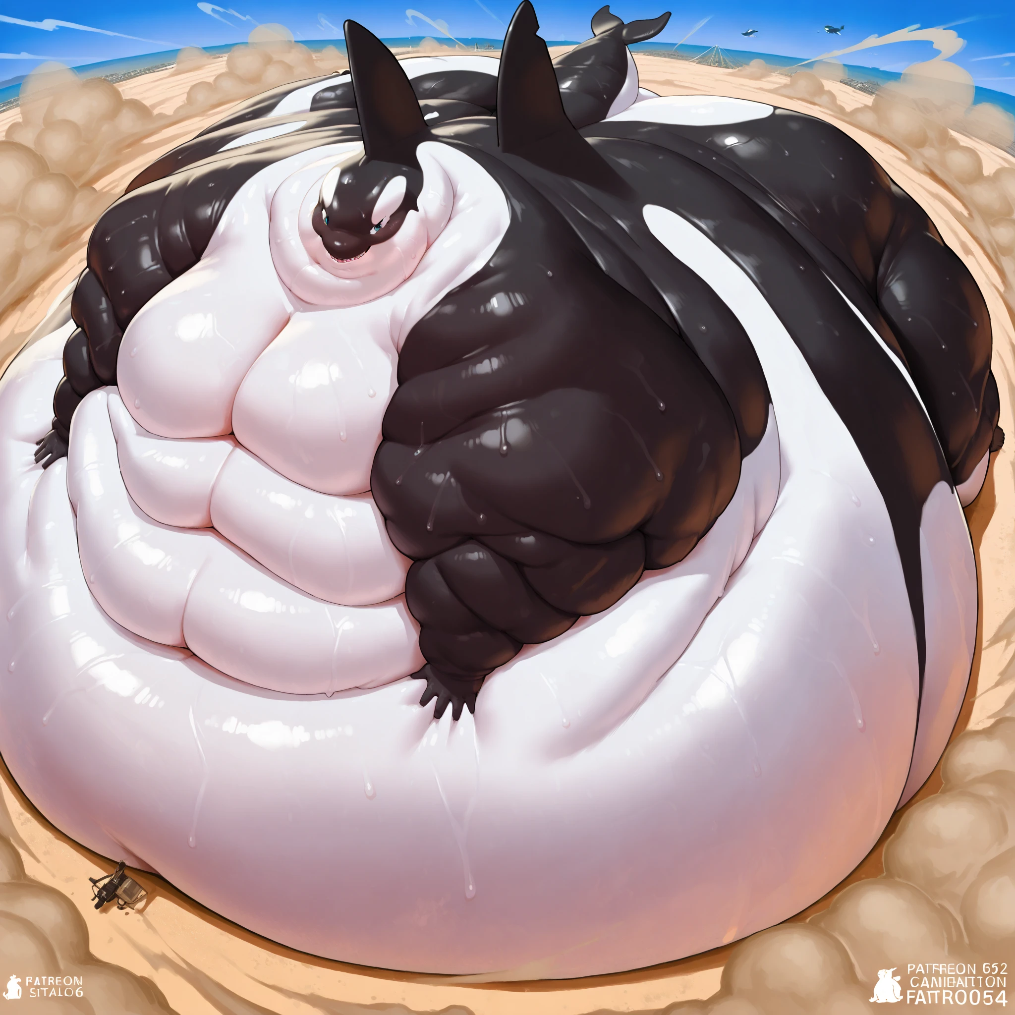 masterpiece, high quality, (konzaburou, ukan_muri, cute), (soft shading), 8k, UHD, Detailed background, detailed face, beach, (Umbreon), anime eyes, male,  (all body fluffy:1.4), (inflating:1.1), (hyper belly:1.4), (Thick legs:1.3), (fat:1.1), (Chubby Cheeks:1.3), Nude