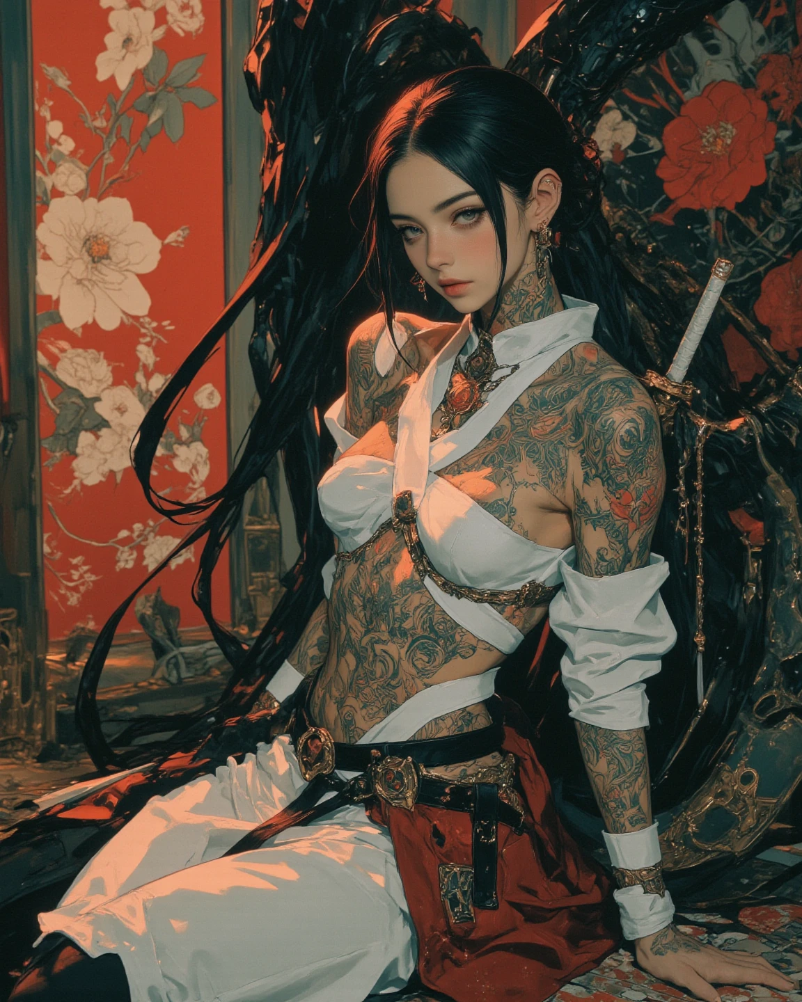 ((masterpiece))), (((best quality))), ((Very detailed)), (Very detailed的计算机插图), ((Extremely refined)),Movie Lighting,(panoramic:1.5)(indoors, Windows, Sunlight, plant:1.3), Dynamic Angle, view, High Point,Throw(From below:1.4),
Color paint a mature face looking sideways, (Cold attitude,Eyeshadow,Eyeliner:1.1),(Red lips:1.5),Big watery eyes, cosmetic(White Chinese clothes:1.4)
Jewelry Earrings Arm Tattoos Full Body Tattoos, Neck tattoo(Long legs:1.3)Large Breasts,
((((dramatic))), (((Perseverance))), (((intense)))Tension-filled visual impact,Make the poster dynamic and visually impactful,
