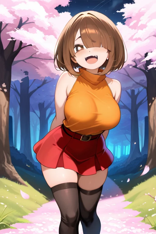 ochaco_uraraka, 1girl, solo, blush_stickers, open_mouth, looking_at_viewer, smile, blush, cowboy_shot, standing, full_body, (((flashing ?????))), big ?????, red dress, ((picnic)), (((park)))