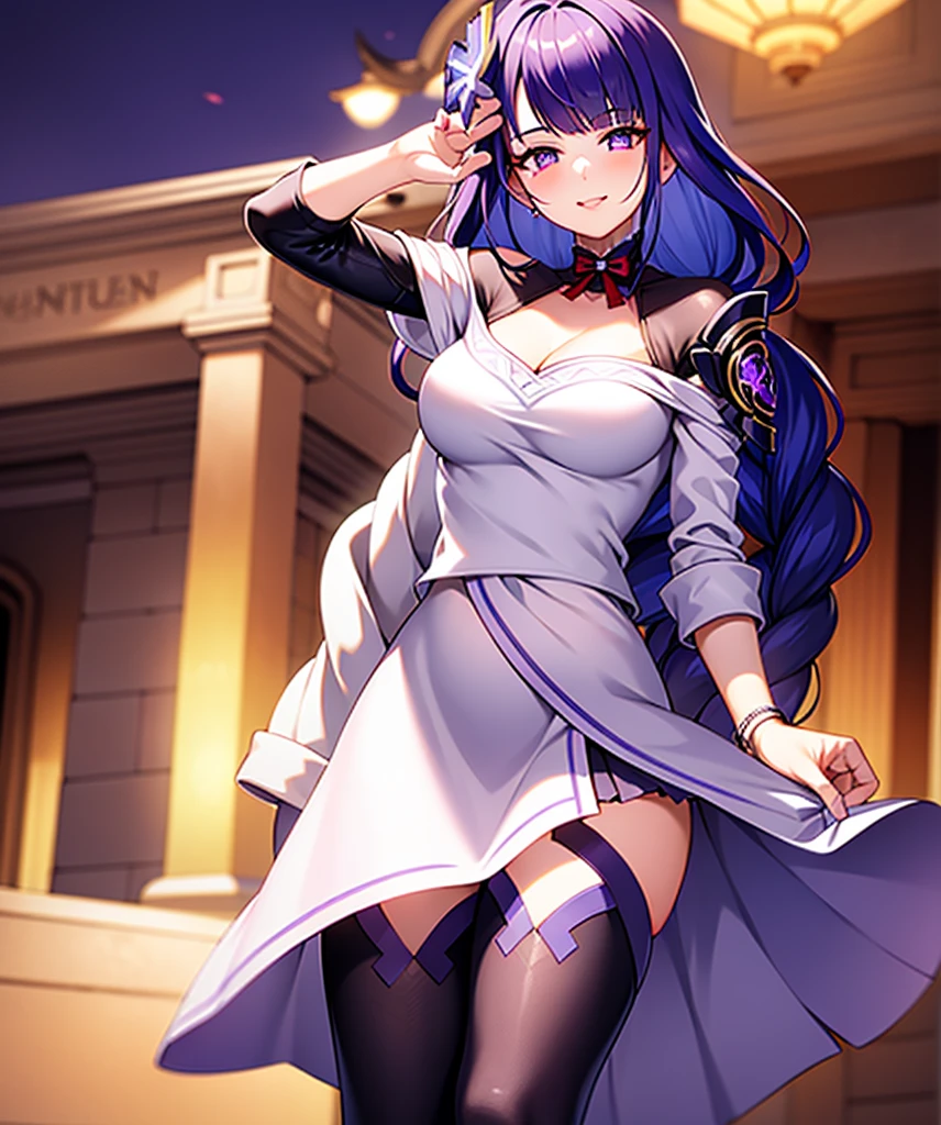 Dressed in purple and gold,Beautiful girl in official uniform,The hair is purple,long whitr hair,The pupils are crimson,The slender waist exposes the figure