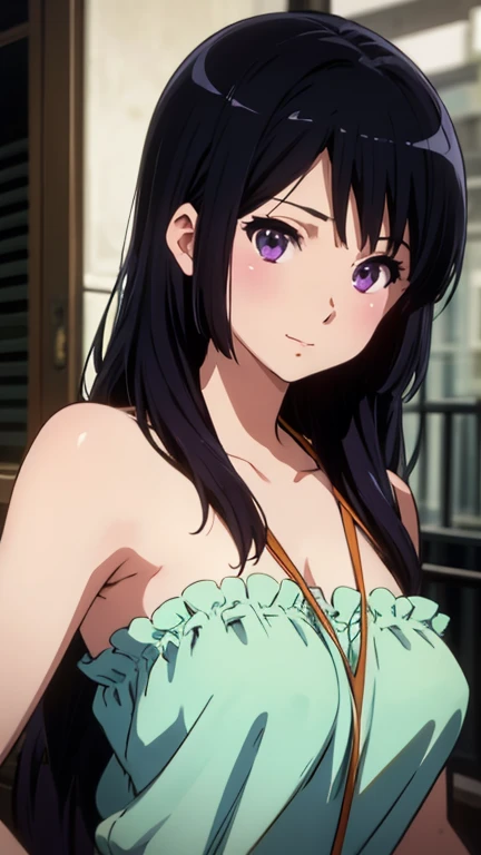 A young girl, long black wavy hair with purple highlights, Galactic purple eyes, bangs, light skin ,Correct eyes and long eyelashes, Top without stain and shorts ,36dd breasts , Upper body view ,8k quality One piece style,Ocean and ship view