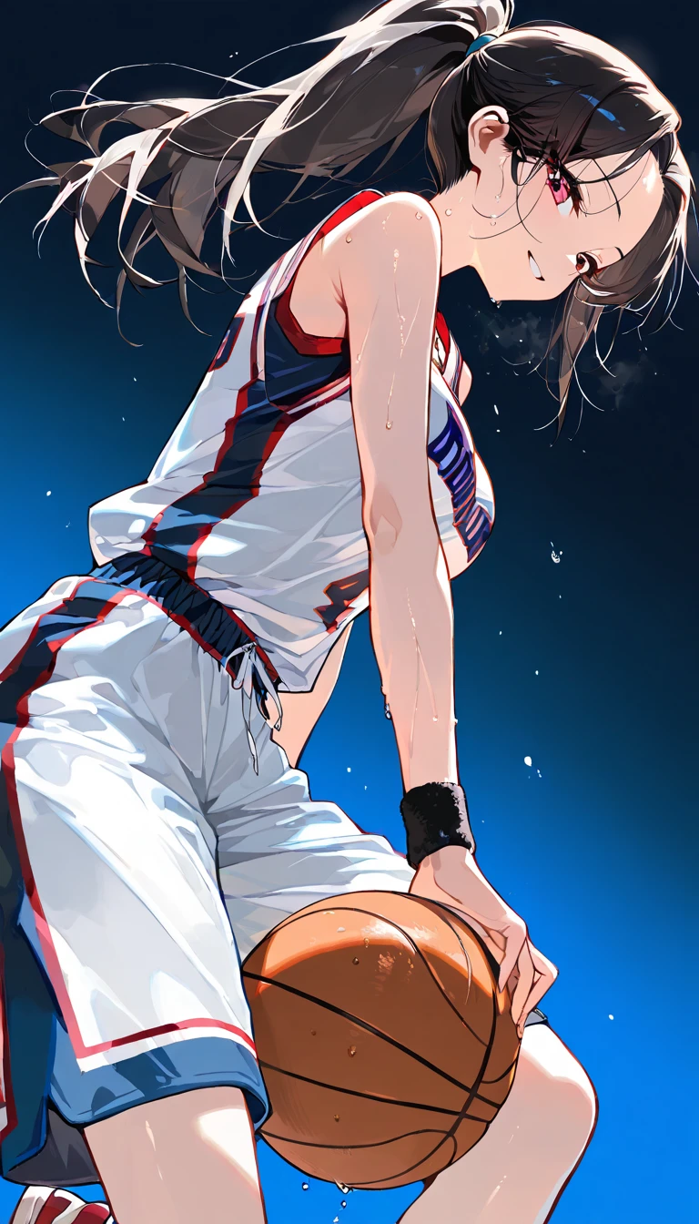 (masterpiece,Highest quality,Ultra-high resolution),Japanese women, (((Very beautiful 25 year old girl))), pretty girl、Look at the photographer､  ((Beautiful low ponytail)), Very cute face, Glossy Lips, Double eyelids on both eyes,Natural smile、 Natural Makeup, Long eyelashes, Shiny and smooth hair､Center image,  Perfect limbs, Perfect Anatomy,(((Basketball Sleeveless Uniform)))、,(Wet with sweat),,Looking Back