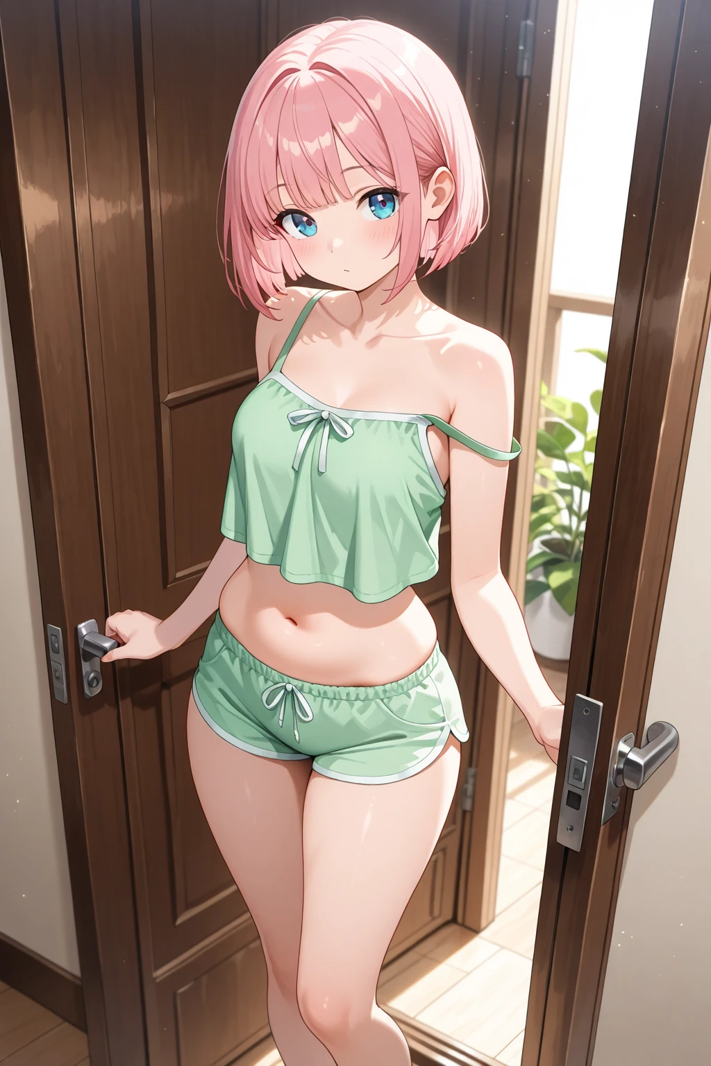 hight resolution、masterpiece、1girl in、High school students、bra very、Show your teeth and smile、Green eyes、Pink hair、short hair with long locks、Black hair ornament、Kamimei、micro pantie、from the rear、look behind、small ass、A slender、backs