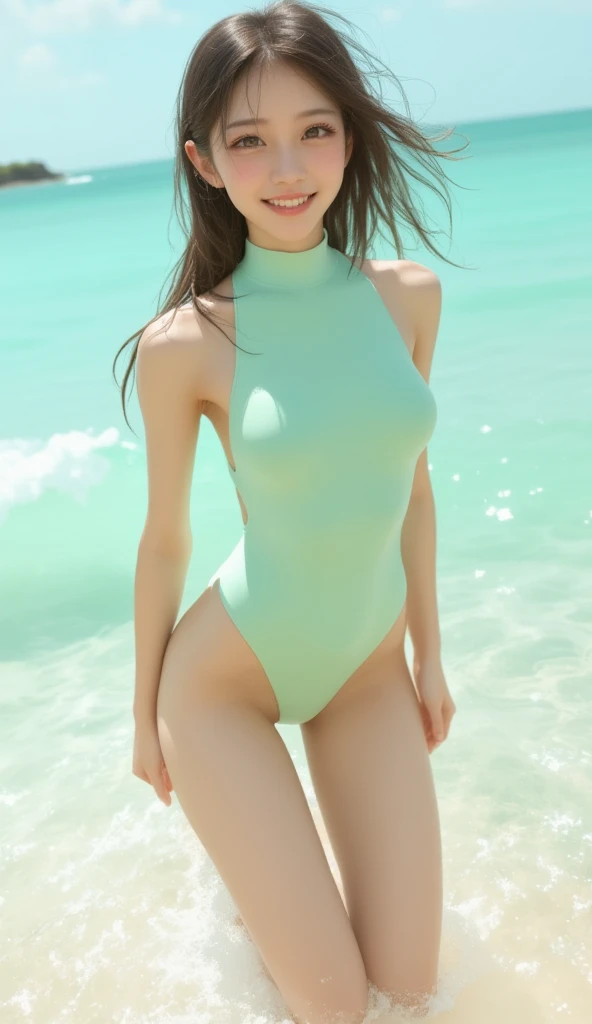 (masterpiece)、(top-quality、Top image quality、超A high resolution)、18year old、独奏、(flat-chest: 1.4)、(wearing a small tight and ultra thin 2 piece swim suit)、small tits、small tit、kindly smile、Beautiful hairstyle、childlike 、Precise hands、Ultra-detailed and beautiful skin、Realistic and beautiful skin、Girl Walking On The Beach、Sandy beach and blue sky on background、Super detailed and beautiful face、Realistic young girl、Full body photo、thin-waist