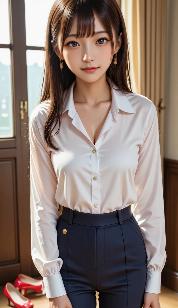 highest quality,masterpiece,Ultra-high resolution,(Actual:1.4),Original photo,Ultra-high resolution,8k,There are women,Fair skin,Exquisite makeup,black heels,Long legs,Bright and beautiful、Long wavy brown hair_Hair reaching down to the waist,shy smile,white long sleeve button up blouse_brown pleated mini skirt_Put the shirt inside the skirt,in a hotel bedroom