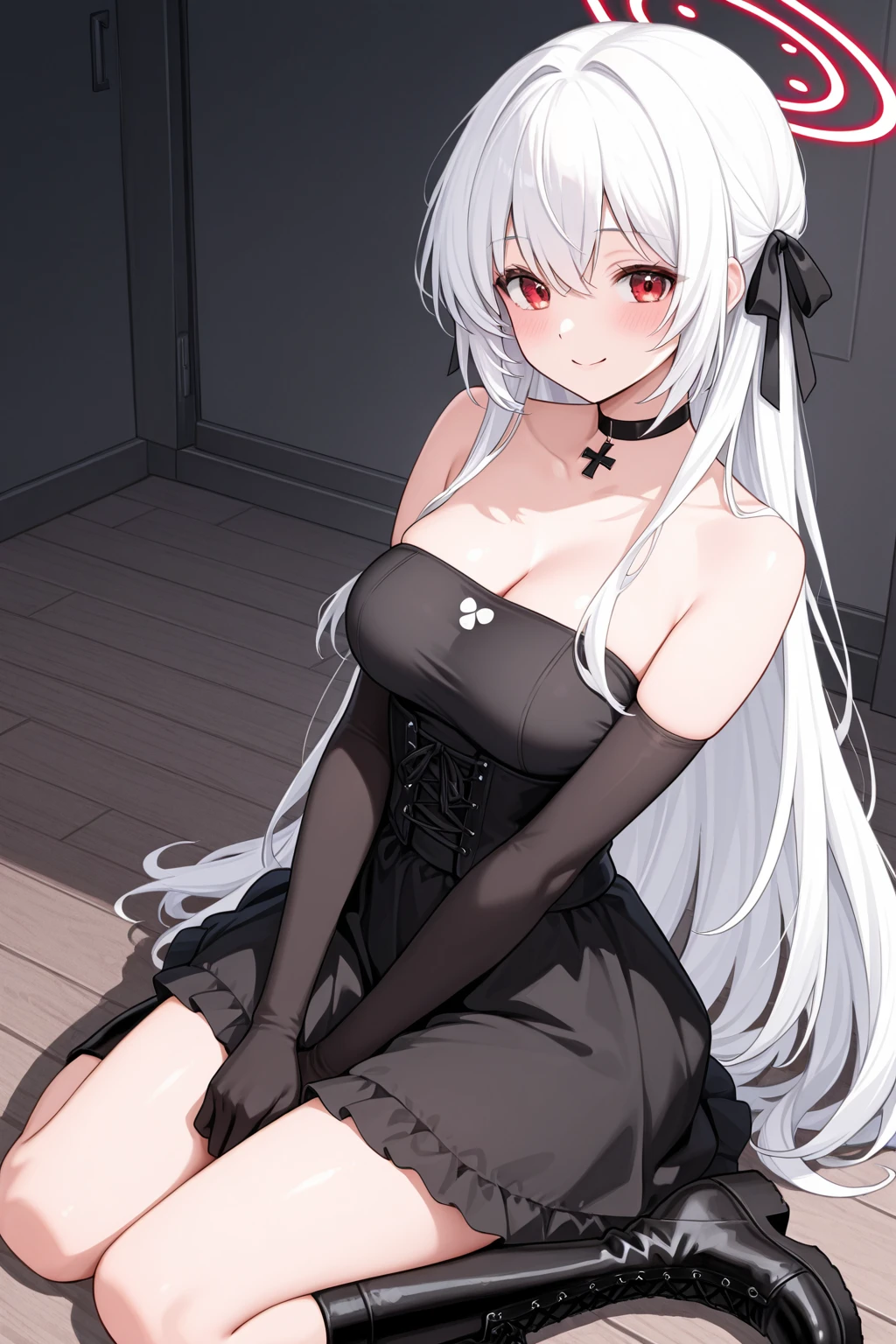 Hide cleavage、Lots of lace、Black Dress、red heels、Long Red Hair、Sitting、Beautiful woman、Highest quality