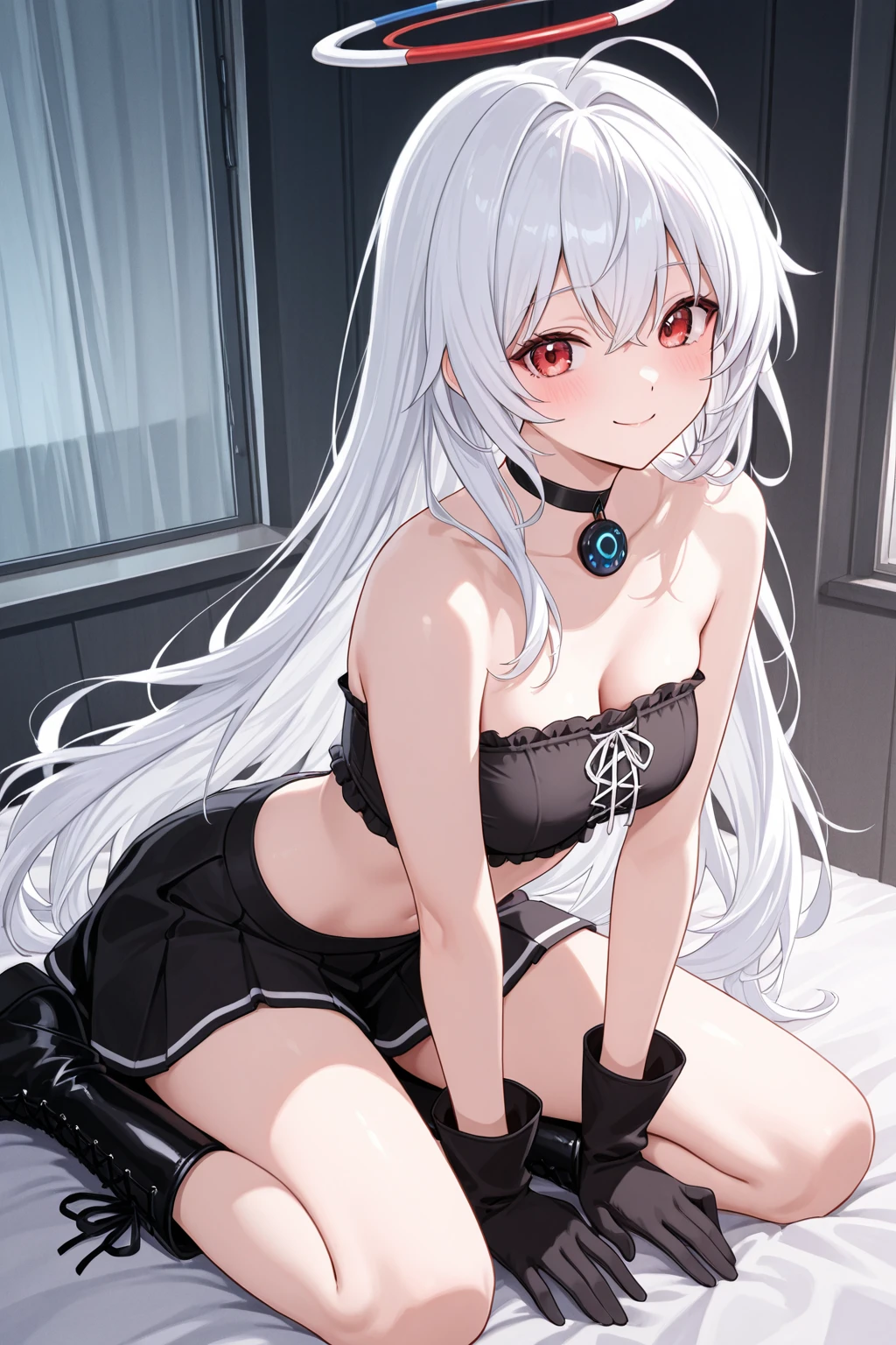 Very detailedな, (Anime illustration style:1.3),smile,Shooting from the front、(With legs open:1.5),Alexia Midgar,[Attractive eyes,Detailed eyes、Laughter、Colorful eyes、Shining Eyes:1.15]、Highest quality、 [3D Images:1.1]、 One Girl、Beautiful whole body、(Dress up in black and white colors:1.5)、(Crystal clear silver hair:1.5)、Delicate and sexy collarbone,Alexia, Pink Lips, Small Nose, Exposing shoulders, indoor、Bed、Very detailed, sitting, Red eyes、A girl who is cute no matter who you look at、White Skirt、