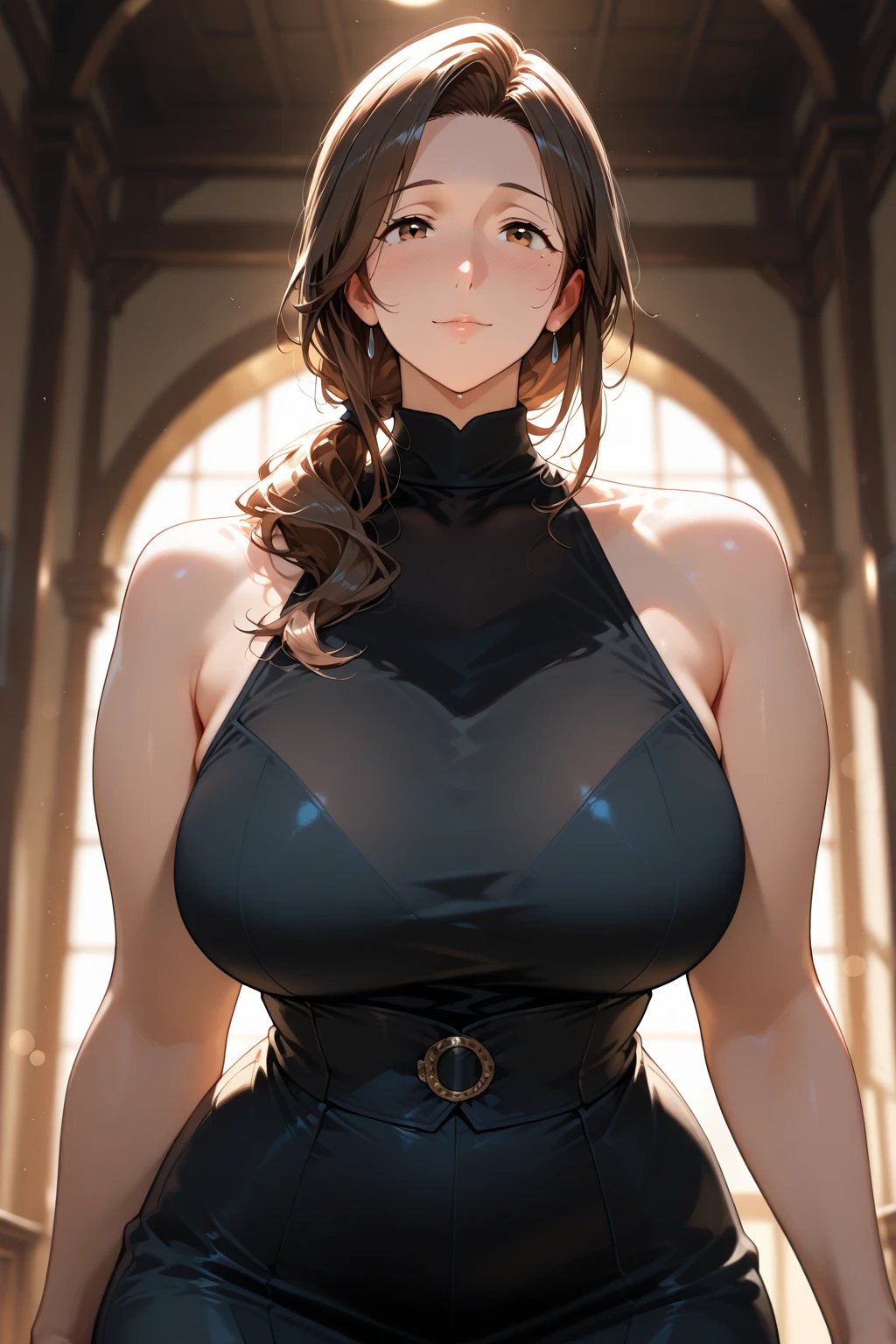 Best Quality, masutepiece, finely detail, huge filesize, Ultra-detailed, hight resolution, the Extremely Detailed CG Unity 8K Wallpapers, extremely detailed eye and face, Ray tracing, Looking at Viewer, Illustration depicting the upper body of a young woman leaning against an office desk、Put your arm on the desk, Press the lower edge of your chest against the edge of the desk, Emphasis on posture、Lighting emphasizes the contours from the side、,(looking at the viewers), Hephaestion,Pretty woman in a tall red dress