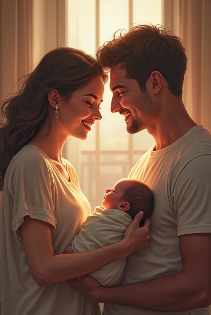 First family photo with newborn baby, A tender moment as new parents hold their newborn baby for the first time, their faces radiant with love and joy, while the baby sleeps peacefully in your arms, 