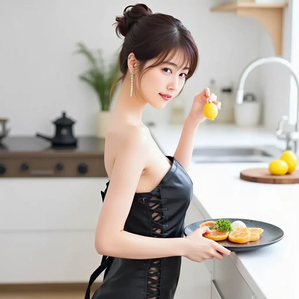 in 8K、超A high resolution、Best Quality、masutepiece、Beautiful face、A sexy)、Show me your whole body、((Yakiniku Party))、(((It has pig ears on its head.、A woman wearing brown body tights from head to toe:1.4、sleeping lying on a platter。)))、short-hair、(Surrounded by men in suits:1.5)