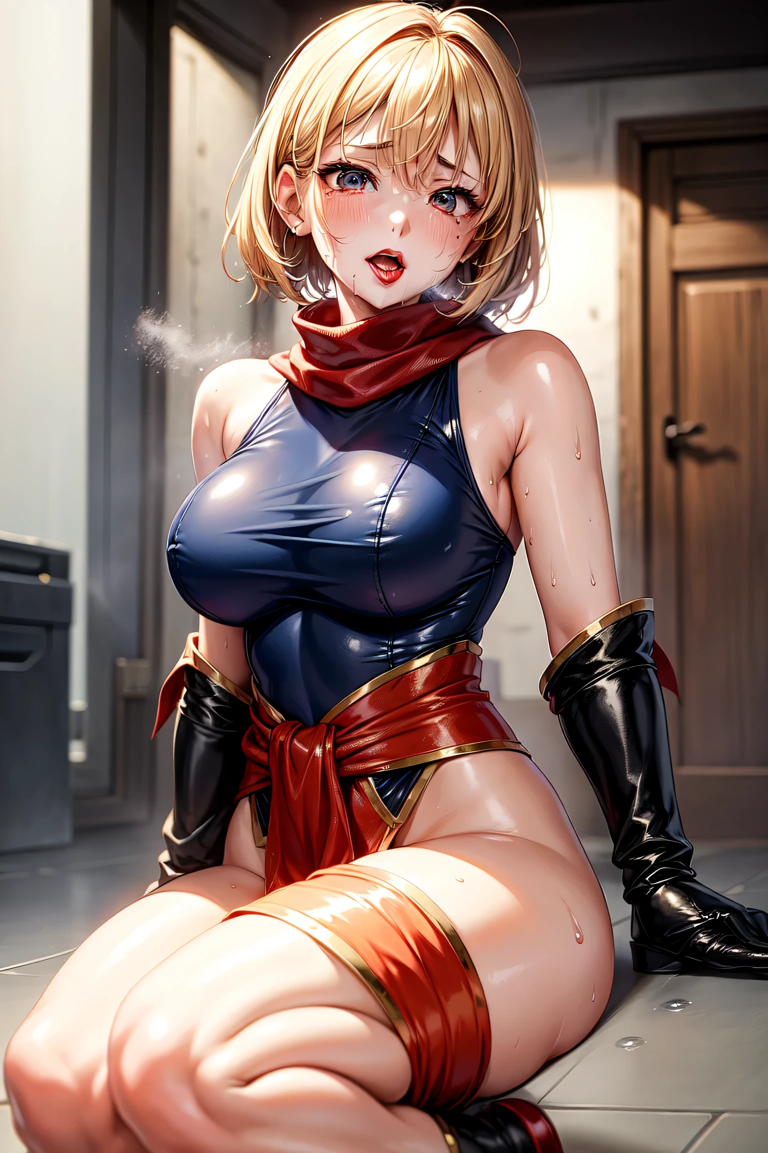 Blonde girl, with short hair, blue eyes, wearing a tight-fitting hero costume made of latex, wearing a blue hero costume, with a red cape on the back, cleavage and well-defined breasts