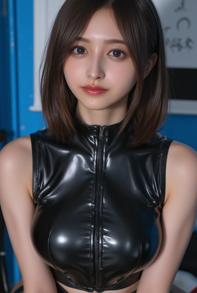 (((Beautiful girl small breasts))), Portrait 1 Young Woman ,sf, smile、Cute face,Long eyelashes,Complex background punk, , Futuristic, Post-apocalyptic, dark, 薄dark光, ((masterpiece, Highest quality, )),(((Nipples exposed through the gaps in her clothes))),,(((Small nipples))),(((Small areola))),(((Nipple details))),The neon-lit streets of a cyberpunk metropolis, Ignoring the boundaries between reality and technology、Sweaty、Flat Body、(((Flat chest like a boy)))