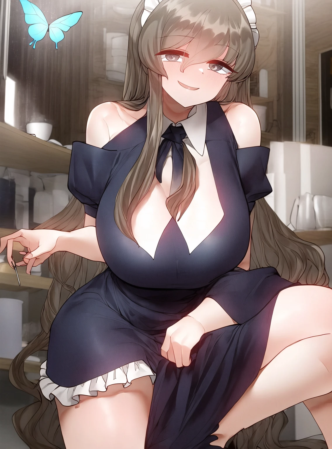 <lora:murasaki_(senran_kagura):1> murasaki (senran kagura), huge breasts, ((fancy dress)), outdoor, cafe, sitting, sfw,