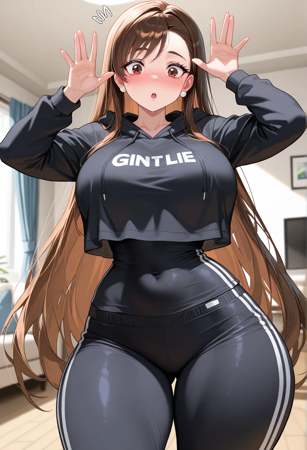 A Cute Girl, with Lush Long RedBrown Hair, Beautiful Brown Eyes, Overly Large Breasts, Thicc Thighs, Wide Hips, wearing a Black Shirt, and Grey Gym Pants, Pink Tennis-shoes, Inside a Modern House, pretty Smile,
