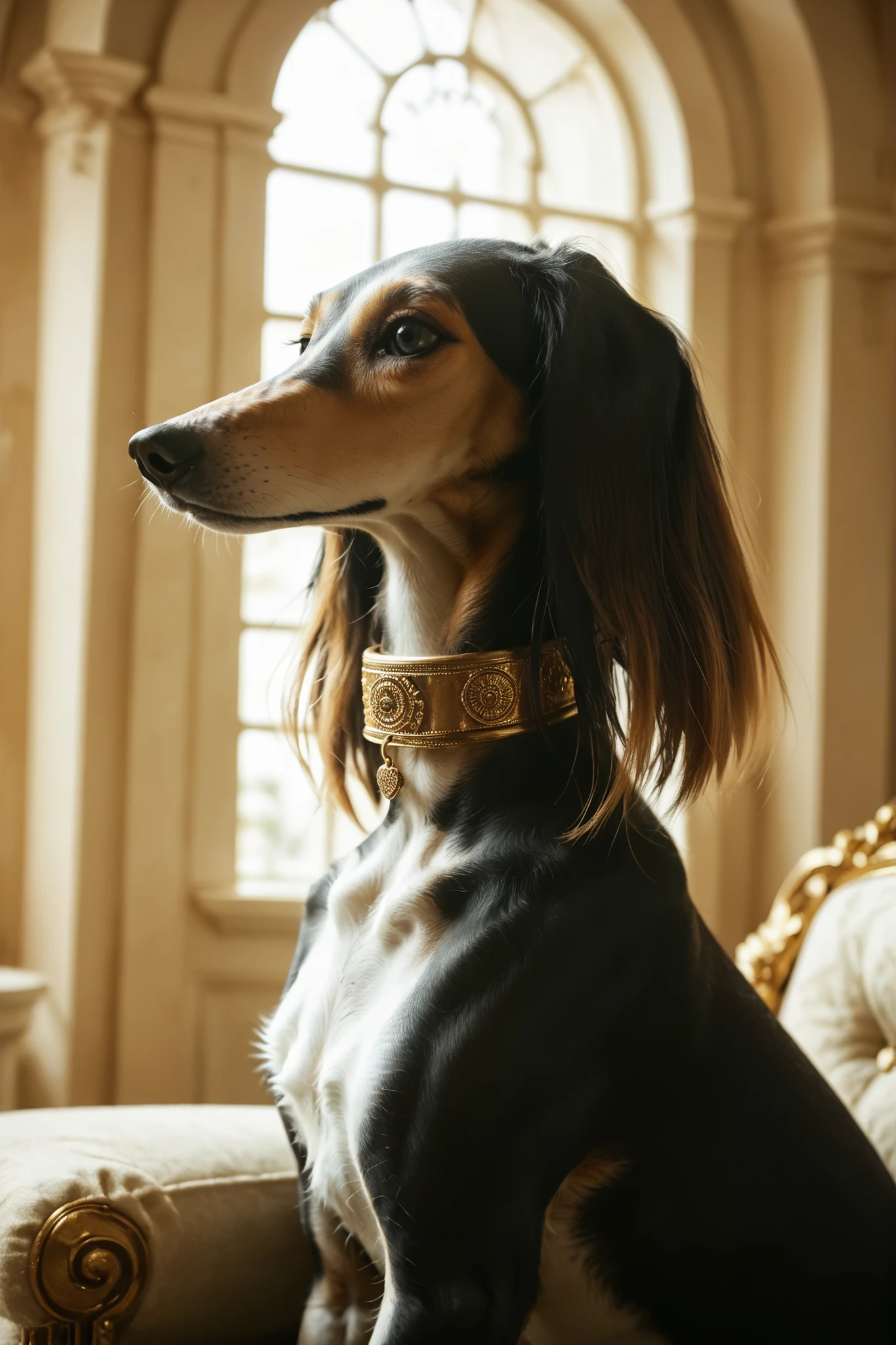 a (saluki dog) sitting in a richly lavish room wearing a wide embroidered collar. Set in an Arabian throne room with bay windows creating a golden atmosphere. rim light, saluki, sighthound, dog, black fur, side profile, portrait, beautiful eyes