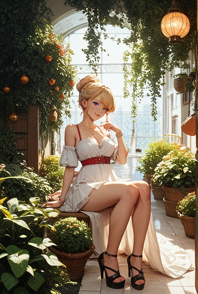 masterpiece, photorealistic:1,  field of flowers,  nature, scenery, outdoors, valley, wide_angle_shot, beautiful 20 year old woman among flowers, surrounded by flowers, 1girl, elegant,  blond_hair, short_hair,  blonde,   kneeling,   jewelry, necklace,  hair_up,  cleavage, red dress,best quality,  
medium_breasts, bangs,  extremely detailed artgerm, photorealistic perfect body,detailed skin, 