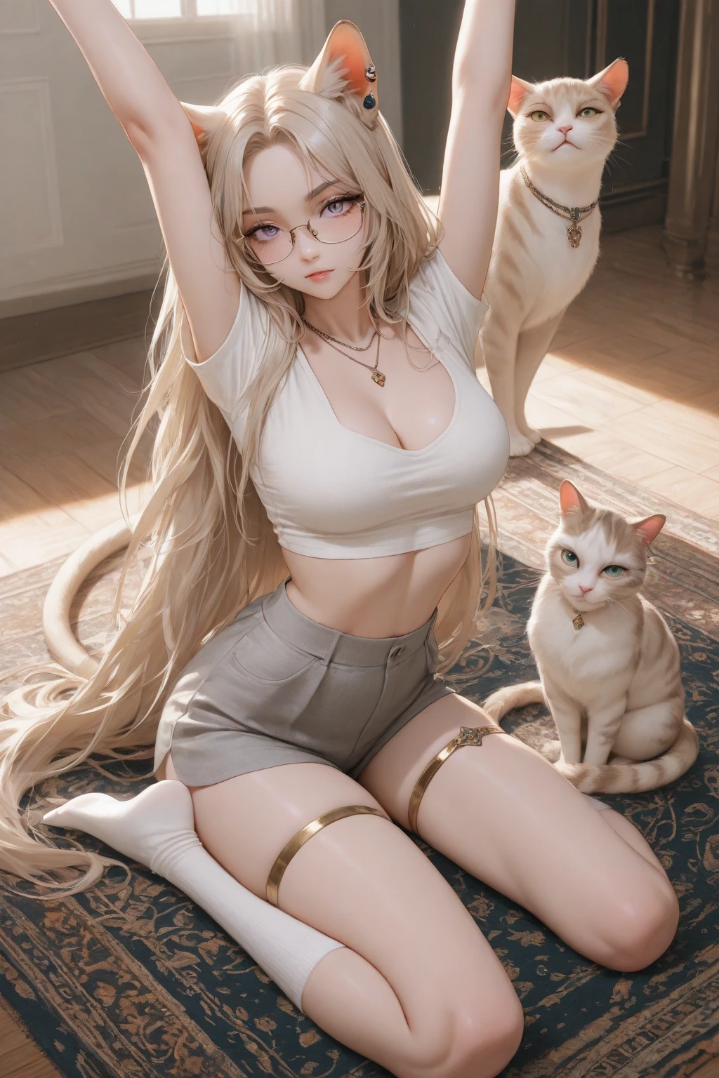 high-level image quality、masterpiece、Raw photography、8K、detaileds、1 persons、独奏、teens girl、Only one person on screen、wears glasses、Small glasses、Uma Musume(pipa early english)、White silver hair、The bangs are in the center、Yul Rich Wave、Zigzag van、fluffy hair、Single hair on the crown of the head、Curled super long hair、voluminous hair、Fluffy and fluffy hair、Wavy Hair、Muffled hair、long hair to the waist、very long hair with habitual hair、fluffy hair、Hair curls、Hair is mojamoja、Hair curls、lovely、Rin々Right、Ribbon on the right horse's ear、Red ribbon on the head、very long pointed horse ears,,,,,,,,,,,,,,,,,,,,,,、Full body like、Golden Eyes、Thin eyebrows、Calm eyes、Soft eyes、Fishing eyes、huge smile、Fluffy smile、Gold Micro Bikini Swimsuit、swimsuit shiny、Golden Swimwear、Super big breasts with firmness、Swaying udder、Nipple stand、nursing、Mature Woman、Older sister、Pichi Pichi swimsuit、 Transparent Big、full of sweat、perspiring、Dripping sweat、The gaze is watching the viewing、Lying on the floor、M-shaped legs、Place your arms on the ground、in a house、Hotel、a bed、Night、Red cheeks、excited、Ecstatic look、Imarathion、full body Esbian