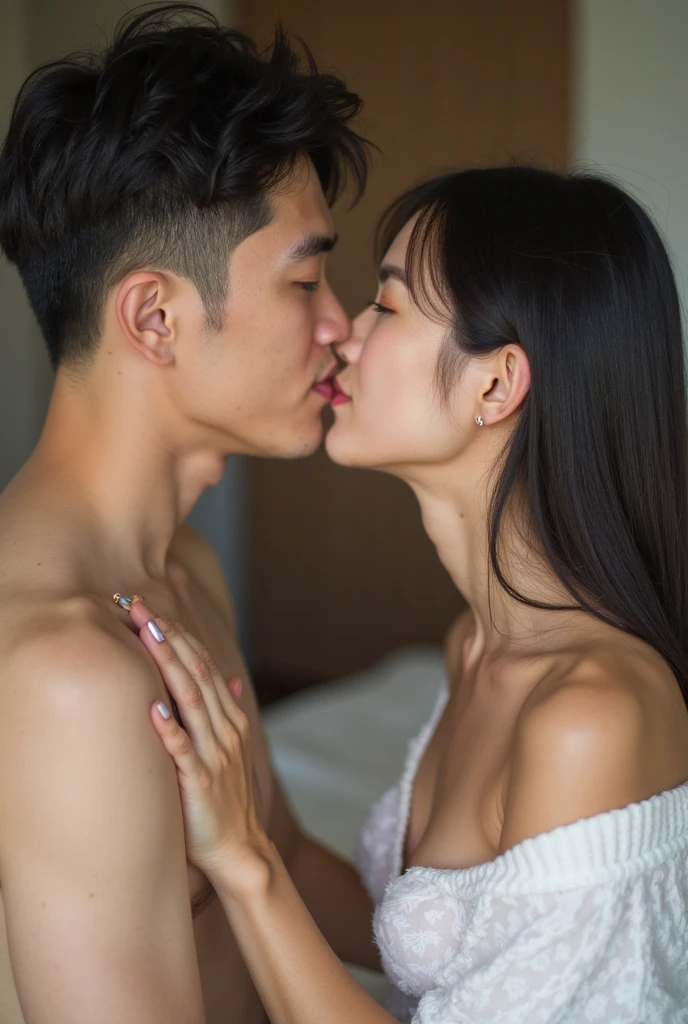 ((Highest quality、8K、masterpiece:1.3))、 (Ultra-realistic、 Genuine、Bright image、Intricate details:1.2), 1 male、1 female、Beautiful couple、love love love、A gentle lover、Good friends、actress couple、smile、Suite bed、 (Slim face), (the body is slim), (Brown Hair), (short hair), Hugging and kissing in underwear