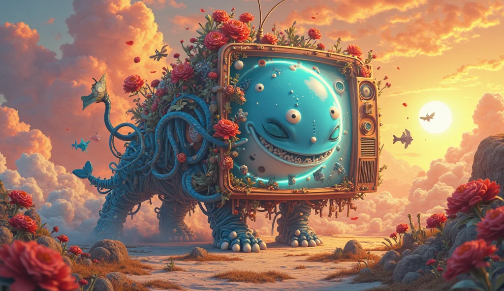 <lora:ssta:0.6>ssta, ruins that look like someone sitting cross legged, woman reaching toward drone child, cars in parking lot, graffiti, restaurant sign, mountains, desert, clouds
